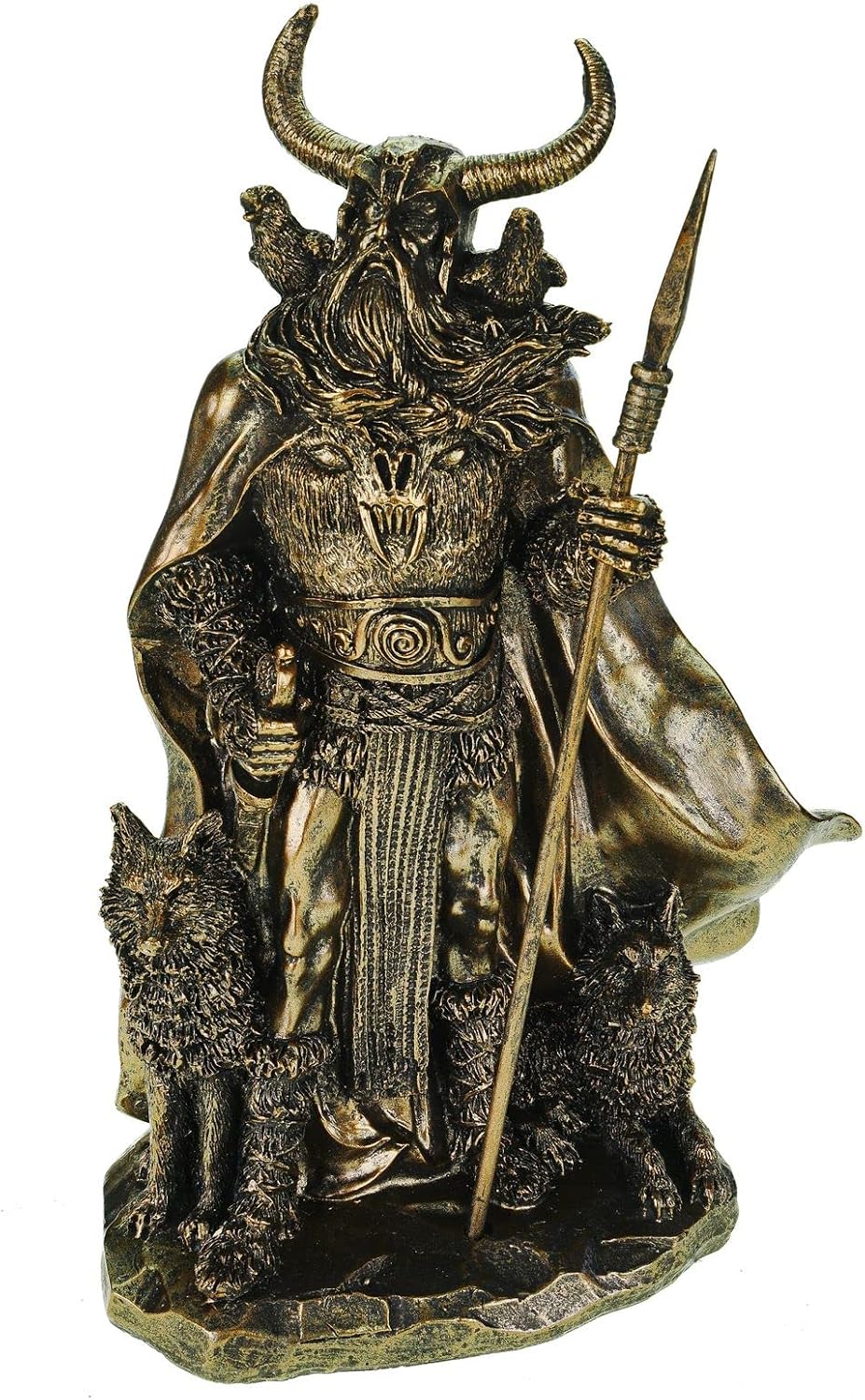 Kremers Schatzkiste Odin Figur mit Raben Hugin Munin und Wölfen Geri Freki 36cm Nordische Mythologie Dekofigur - Polyresin Götter Skulptur - Geschenk Wikinger Deko
