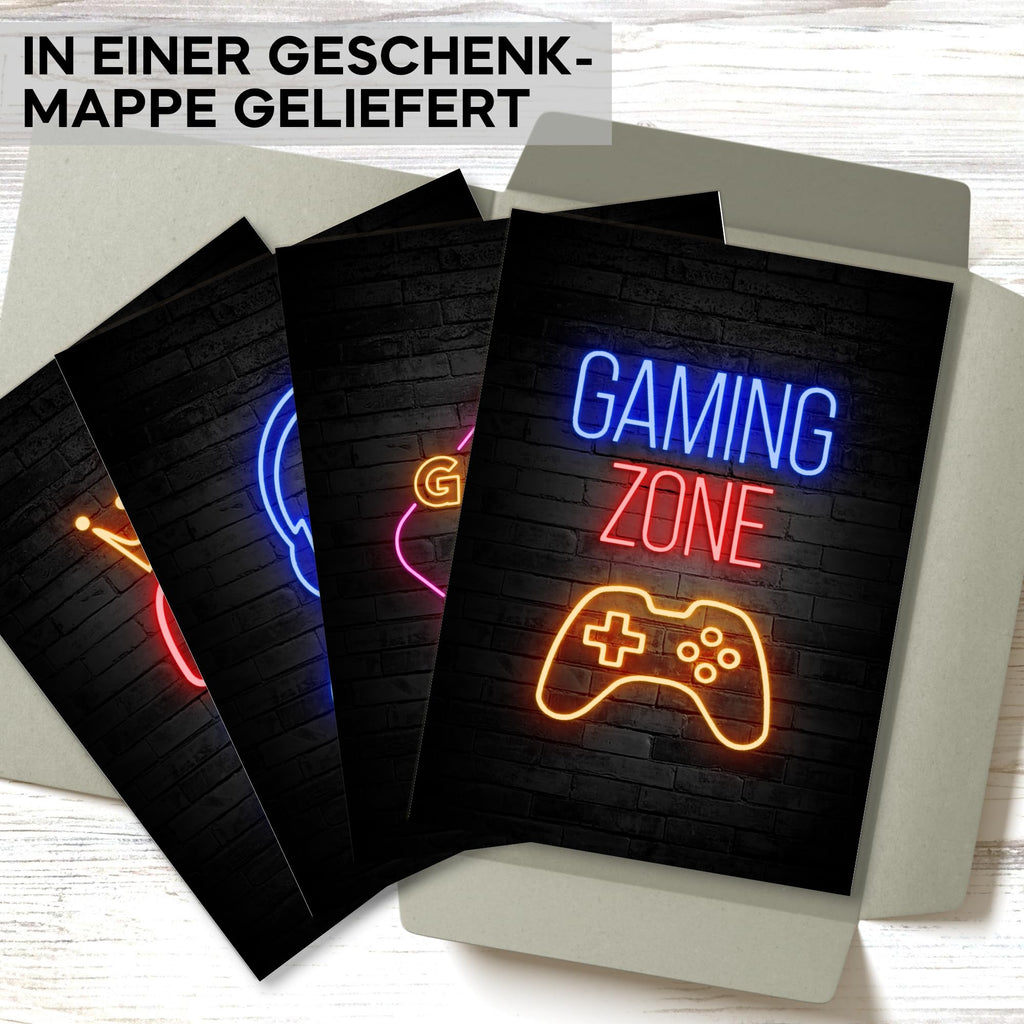 mojoliving Gaming Zimmer Deko Bilder | Poster Wand für Gamer Jugendzimmer | Set mit Neon Sign Motive | Coole Geschenke für Gamer | Zocker Bilder Wand | Neon Wandbild
