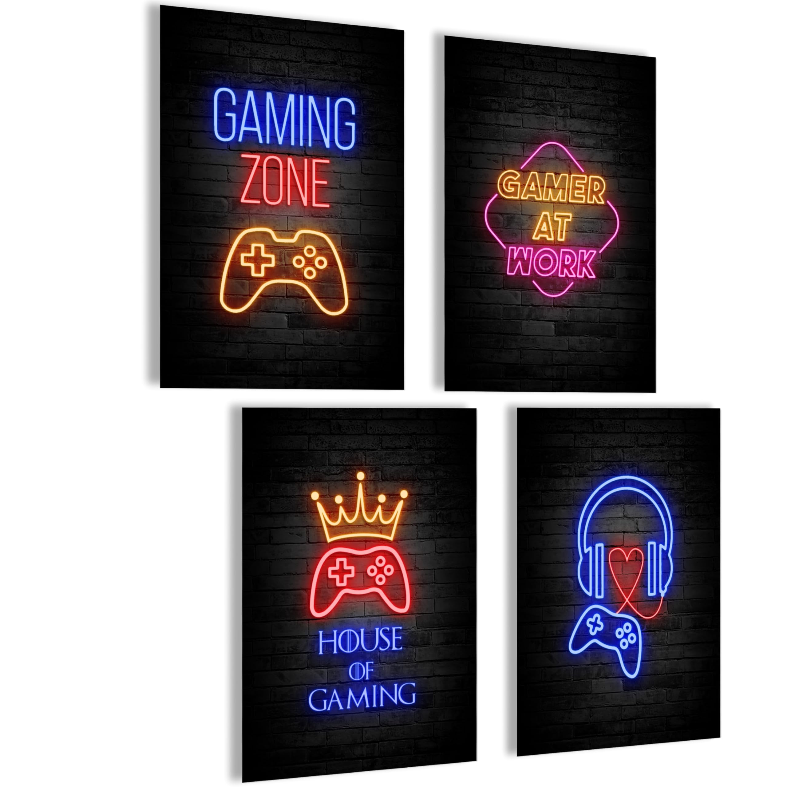 mojoliving Gaming Zimmer Deko Bilder | Poster Wand für Gamer Jugendzimmer | Set mit Neon Sign Motive | Coole Geschenke für Gamer | Zocker Bilder Wand | Neon Wandbild