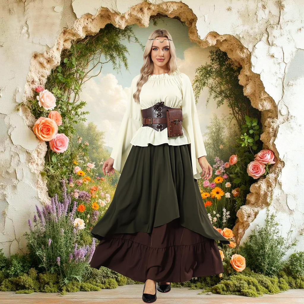 Mittelalter Kleidung Damen, Renaissance Kleid Damen und Off Shoulder Bluse mit Corsett, Gürteltasche, Kopfschmuck, Gürtel, Viktorianisches Kostüm für Halloween Karneval