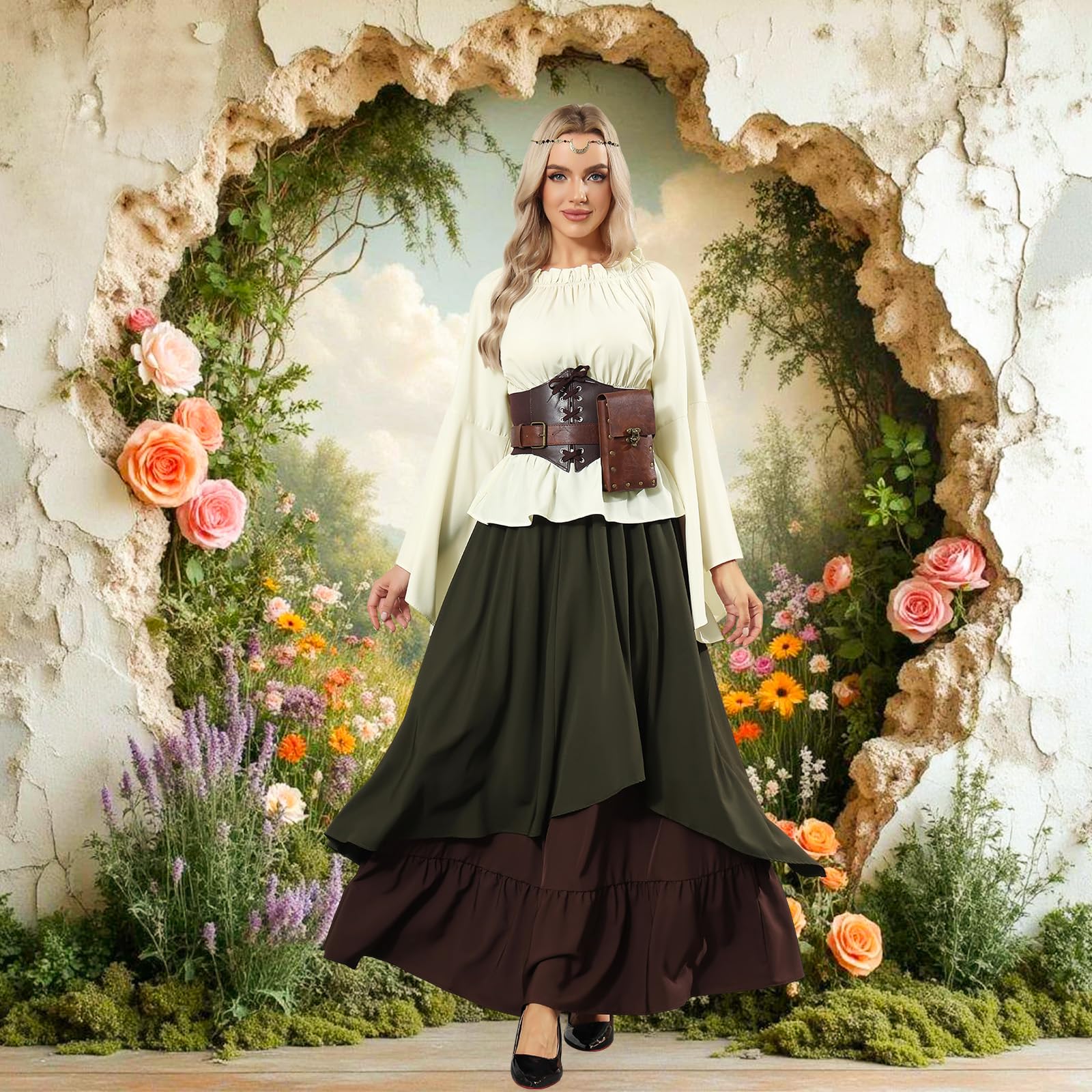 Mittelalter Kleidung Damen, Renaissance Kleid Damen und Off Shoulder Bluse mit Corsett, Gürteltasche, Kopfschmuck, Gürtel, Viktorianisches Kostüm für Halloween Karneval