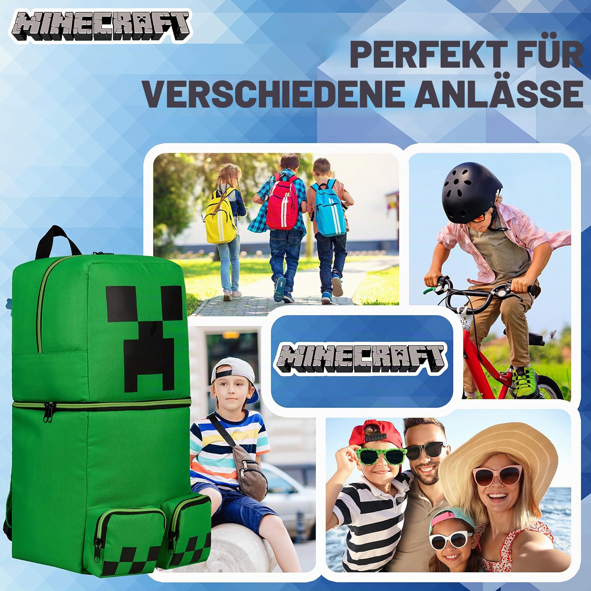 Minecraft Rucksack Kinder Jungen Kinderrucksack Creeper Freizeitrucksack mit Reißverschluss-Fächern für Schulrucksack Schule Sport Alltag