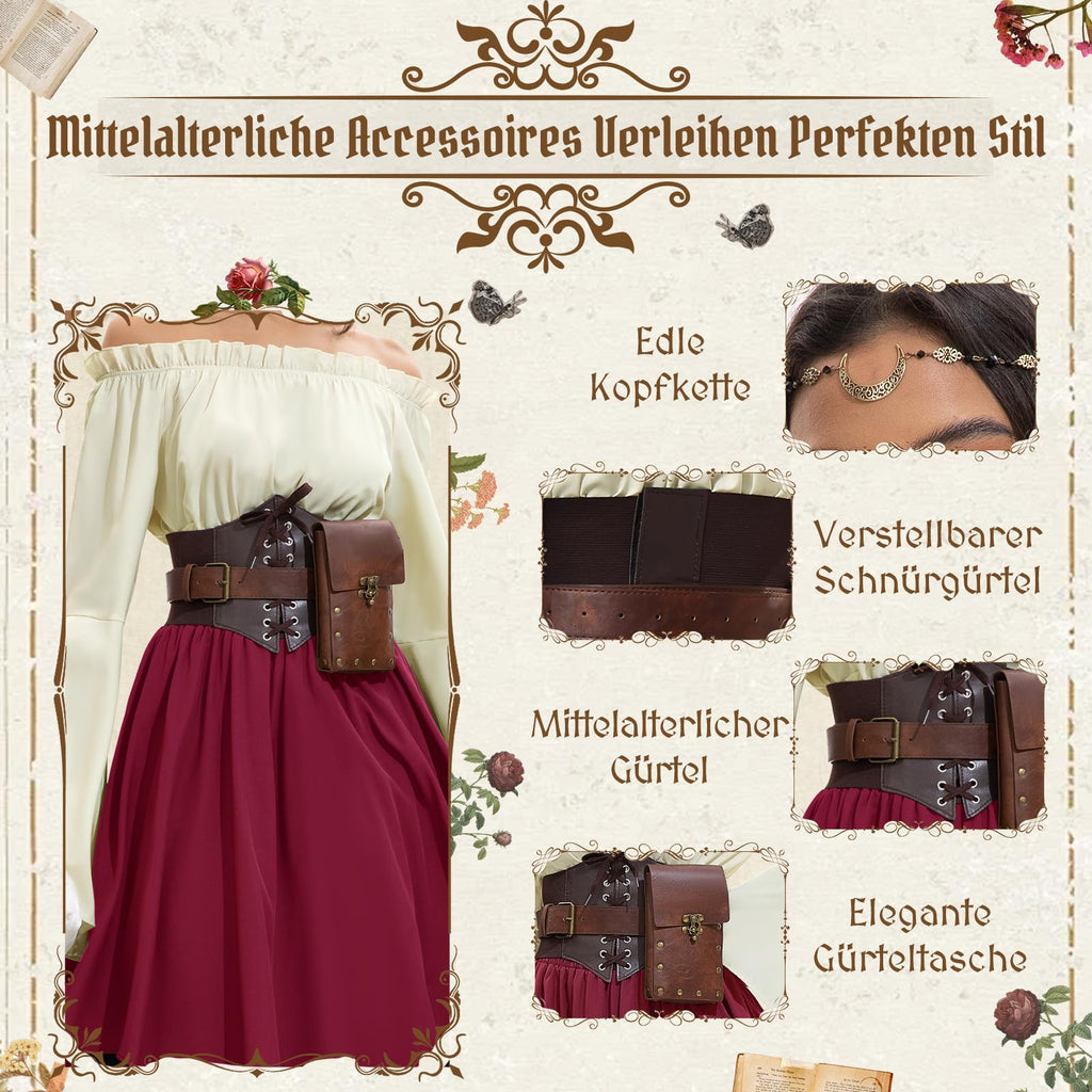Mittelalter Kleidung Damen, Renaissance Kleid Damen und Off Shoulder Bluse mit Corsett, Gürteltasche, Kopfschmuck, Gürtel, Viktorianisches Kostüm für Halloween Karneval