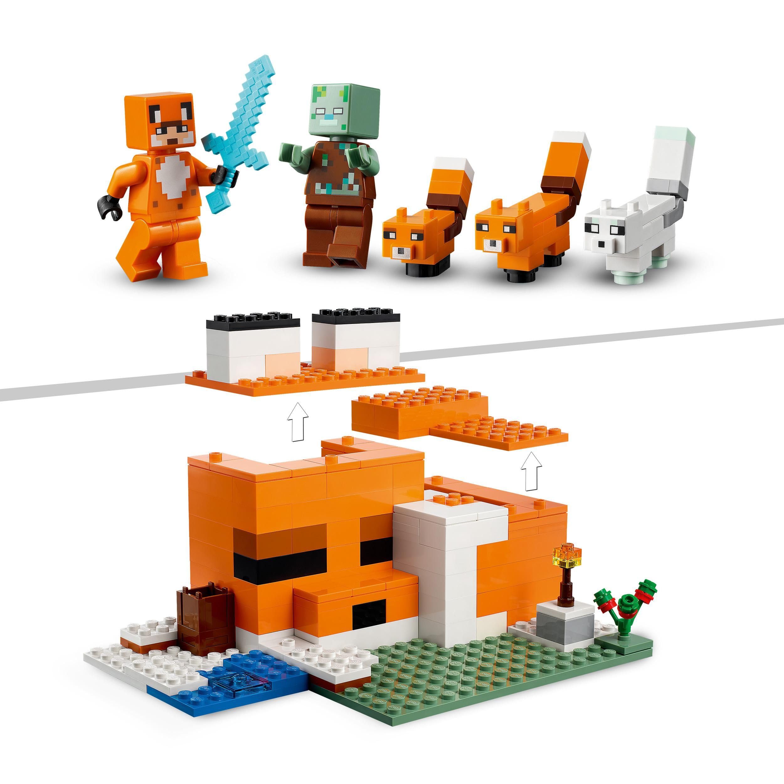 LEGO Minecraft Die Fuchs-Lodge - Spielset mit Spielzeughaus - Gamer Geschenk mit Ertrunkenem, Füchsen und einem Helden in einem Fuchs-Skin - Spielzeug für Kinder ab 8 Jahren - 21178
