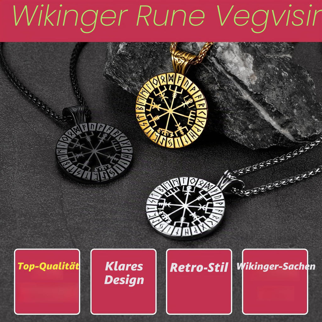 FaithHeart Wikingerhalskette für Herren, Vegvisir-Kompass, Edelstahl, Kette 55 + 5 cm, nordischer Mythologie-Schmuck