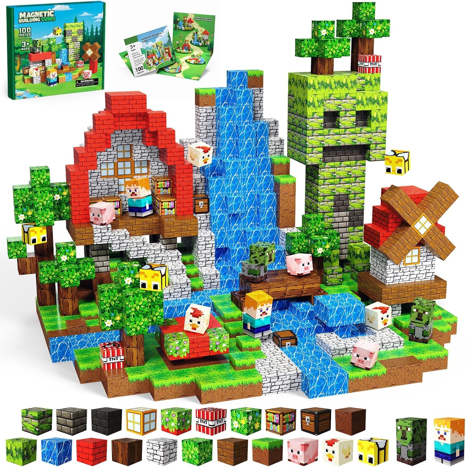 Magnetische Bausteine Bauspielzeug 100 Pcs Magnetbausteine für Kinder Montessori Kreative Spielzeug ab 3 4 5 6 7 8 9 10 Jahre Junge und Mädchen Magnetic Blocks Geschenke für Kinder （Wald）