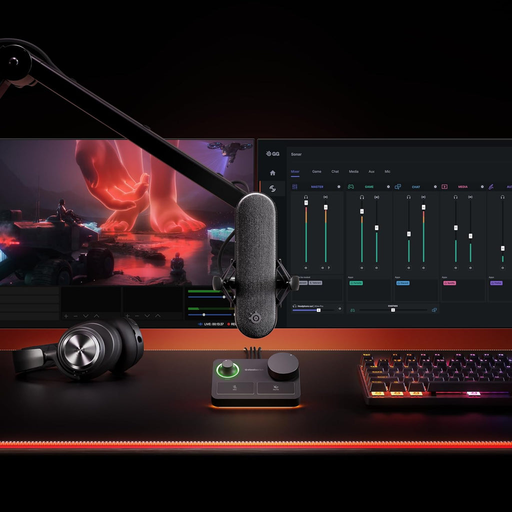 SteelSeries Alias Pro Kit – XLR-Mikrofon + Stream-Mixer – 3 Mal größere Kapsel fürs Gaming, Streaming und Podcasting – USB/XLR-Schnittstelle – Benutzerdefinierte Steuerung – RGB – Einzel- oder Dual-PC