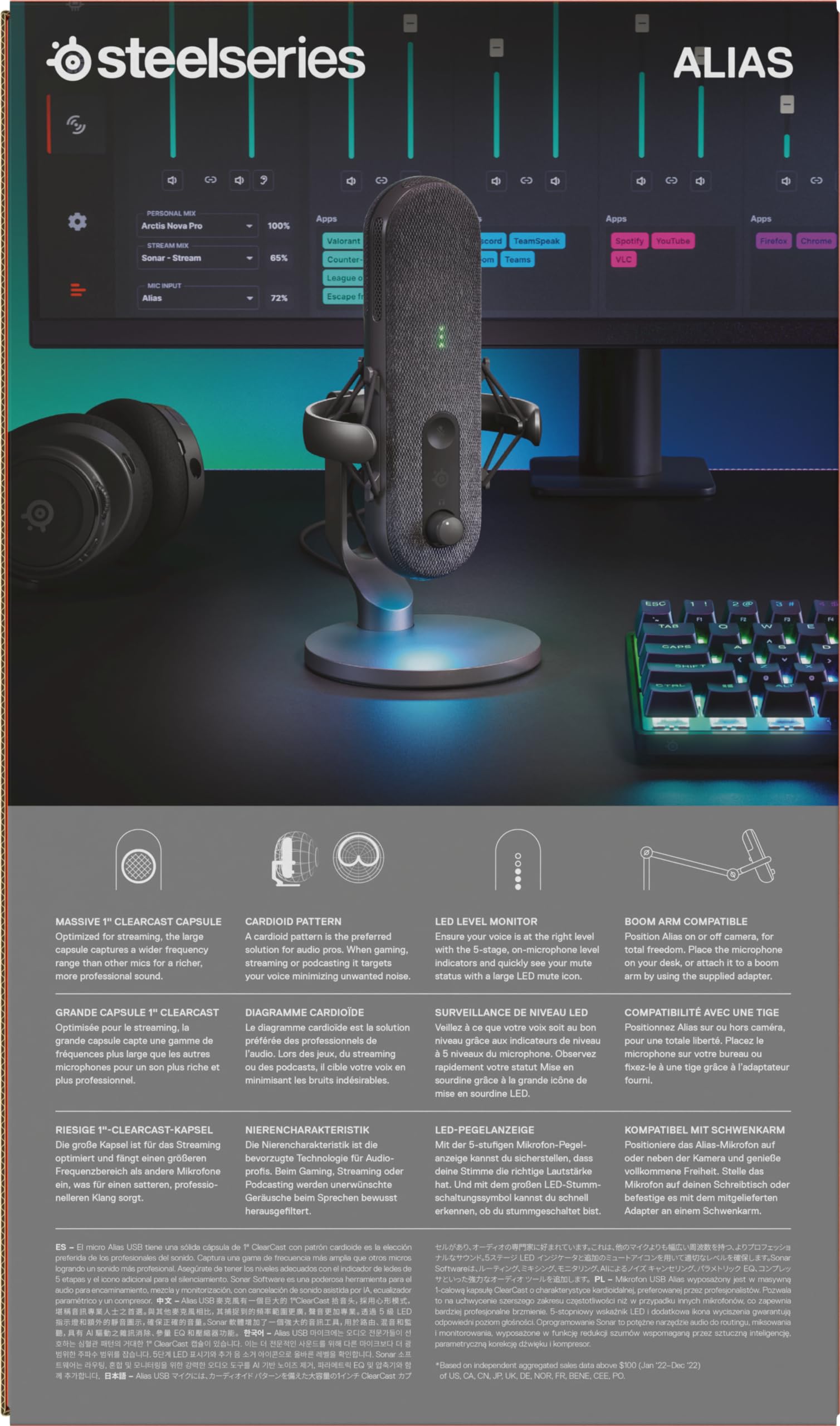 SteelSeries Alias Pro Kit – XLR-Mikrofon + Stream-Mixer – 3 Mal größere Kapsel fürs Gaming, Streaming und Podcasting – USB/XLR-Schnittstelle – Benutzerdefinierte Steuerung – RGB – Einzel- oder Dual-PC