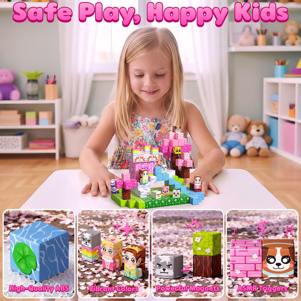 Magnetische Bausteine Bauspielzeug 100 Pcs Magnetbausteine für Kinder Montessori Kreative Spielzeug ab 3 4 5 6 7 8 9 10 Jahre Junge und Mädchen Magnetic Blocks Geschenke für Kinder （Wald）