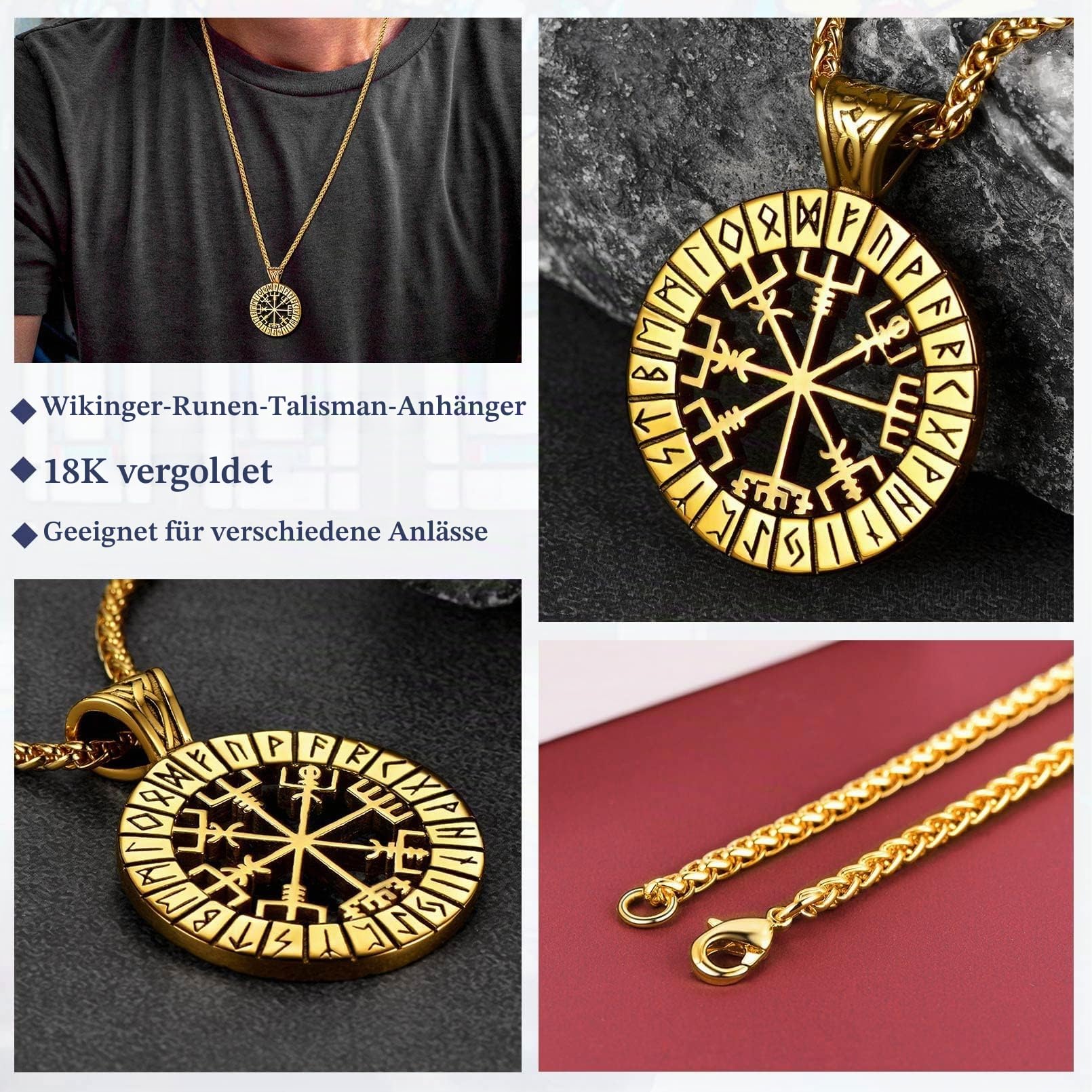 FaithHeart Wikingerhalskette für Herren, Vegvisir-Kompass, Edelstahl, Kette 55 + 5 cm, nordischer Mythologie-Schmuck