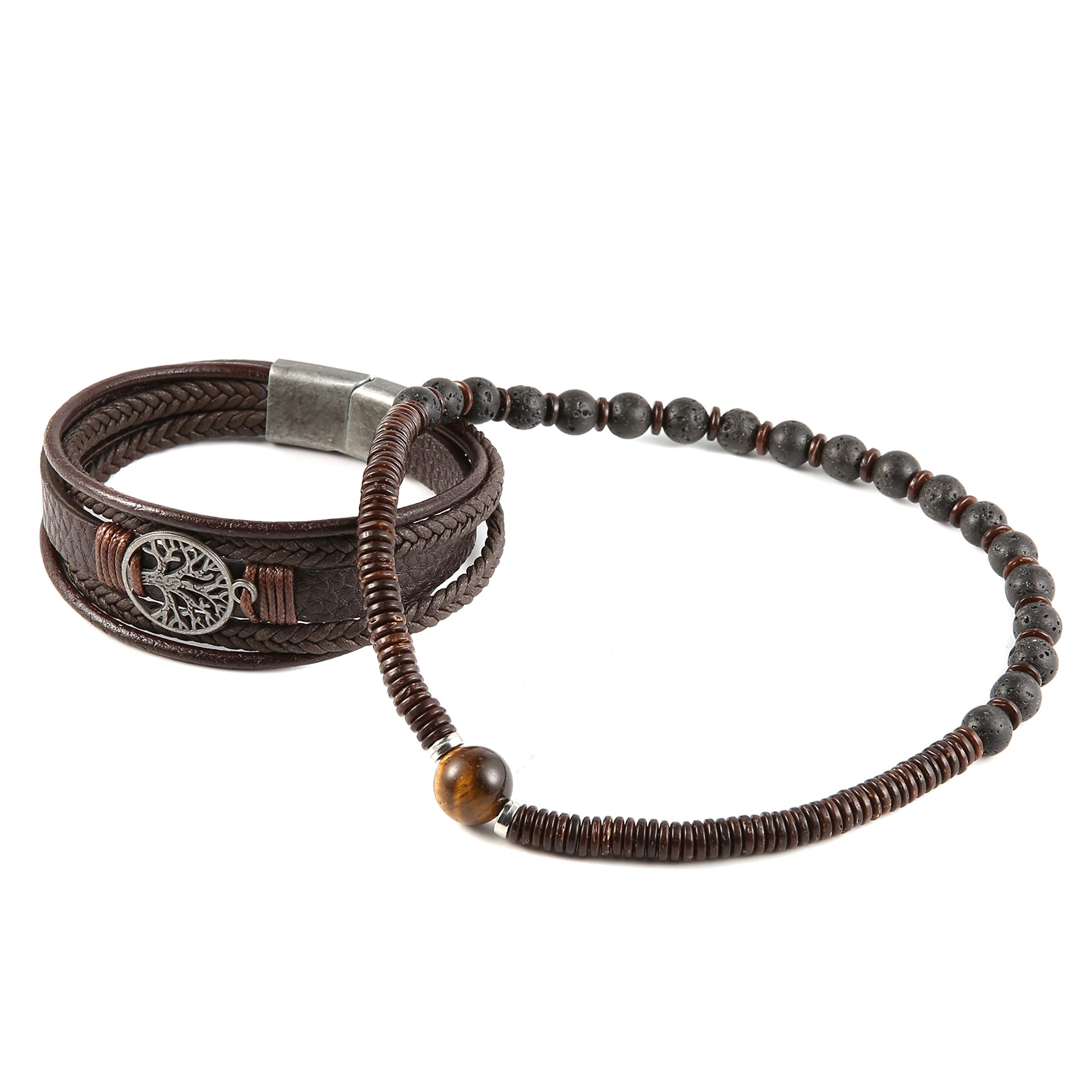 HZMAN Echtes Leder Baum des Lebens Armbänder Männer Frauen, Tigerauge Naturstein Lava Rock Perlen Ethnische Tribal elastische Armbänder Armbänder (2Pcs)
