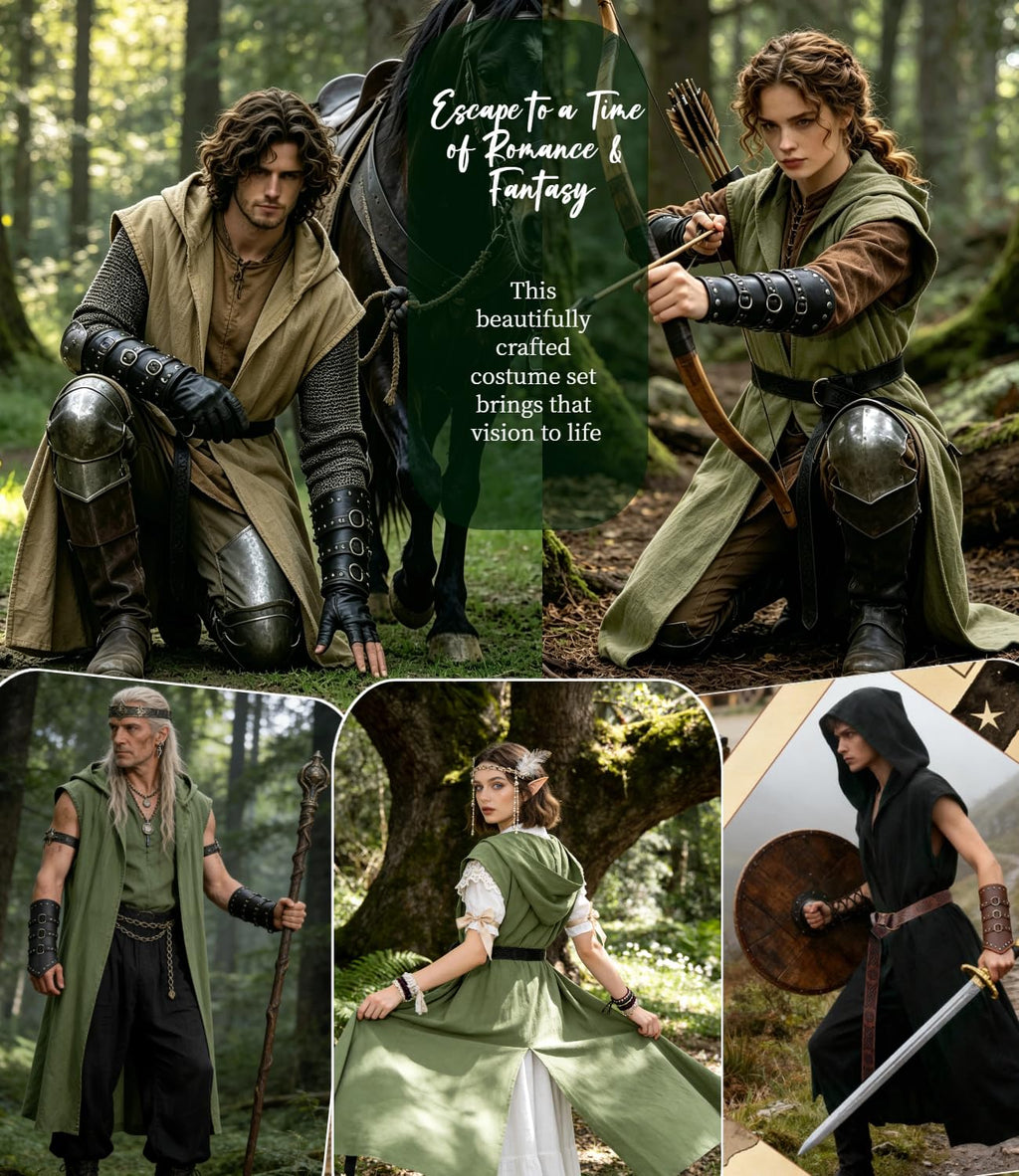 kasahara Mittelalter Kleidung Herren Set, Ärmellose WESTE Umhang mit Kapuze Renaissance Kostüm Damen Wikinger Ritter Outfit für Halloween Karneval Unisex Erwachsene Faschingskostüme