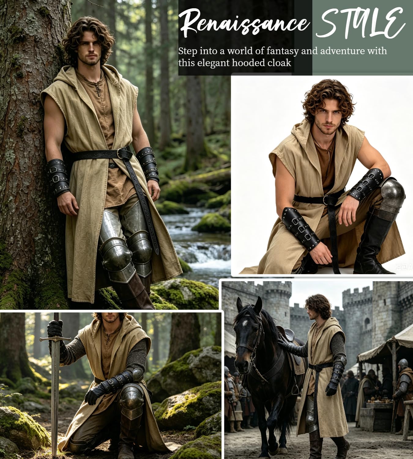 kasahara Mittelalter Kleidung Herren Set, Ärmellose WESTE Umhang mit Kapuze Renaissance Kostüm Damen Wikinger Ritter Outfit für Halloween Karneval Unisex Erwachsene Faschingskostüme