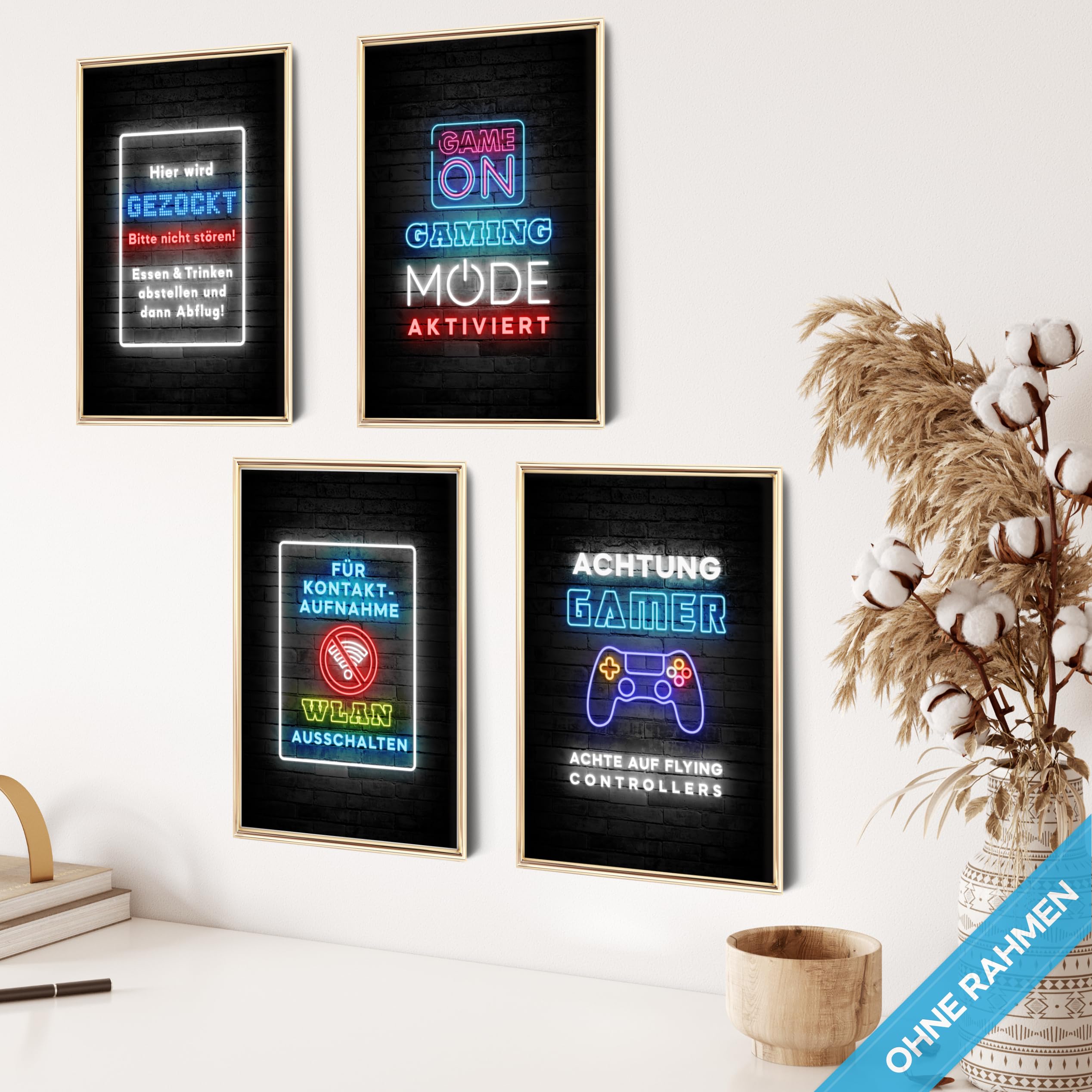 mojoliving Gaming Zimmer Deko Bilder | Poster Wand für Gamer Jugendzimmer | Set mit Neon Sign Motive | Coole Geschenke für Gamer | Zocker Bilder Wand | Neon Wandbild