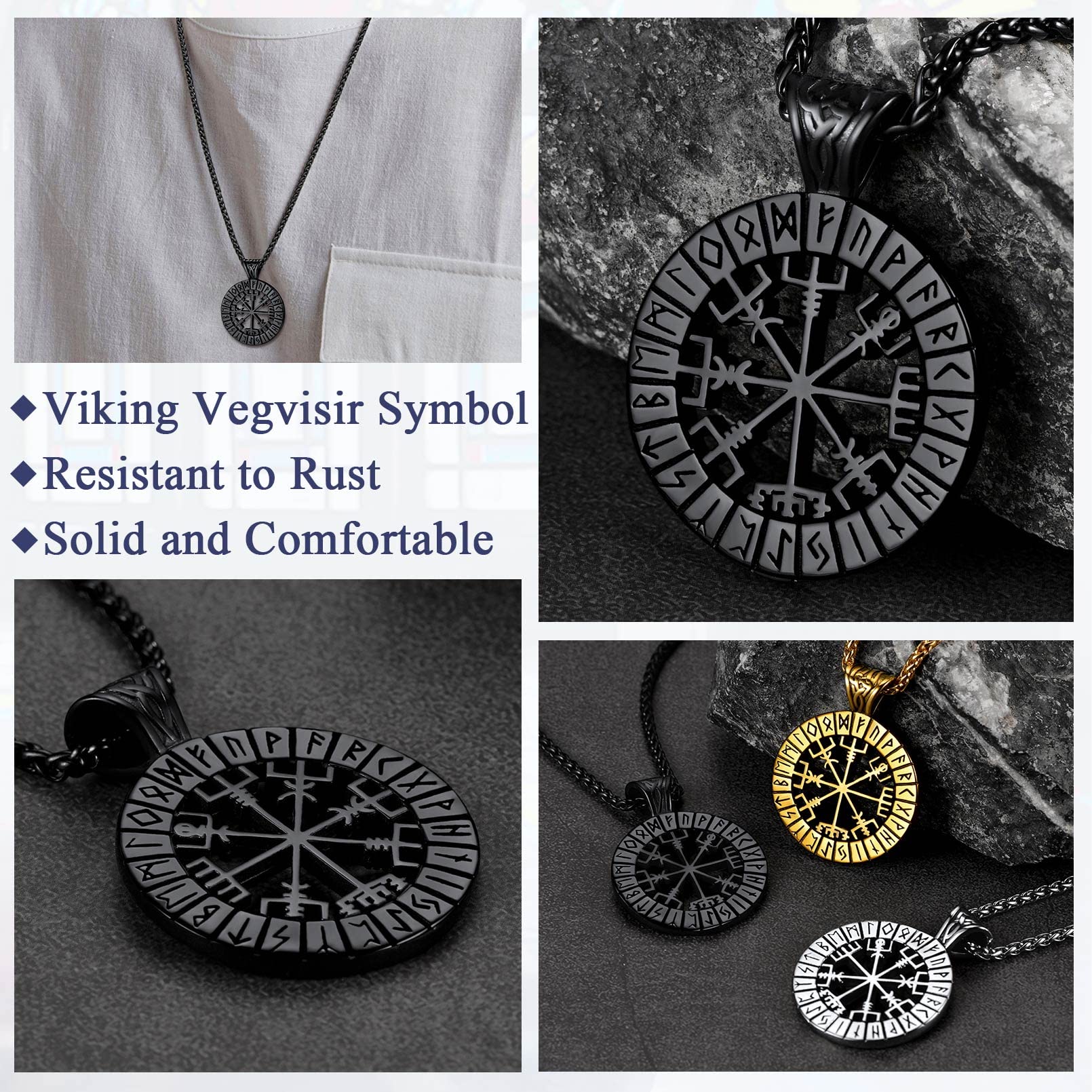FaithHeart Wikingerhalskette für Herren, Vegvisir-Kompass, Edelstahl, Kette 55 + 5 cm, nordischer Mythologie-Schmuck