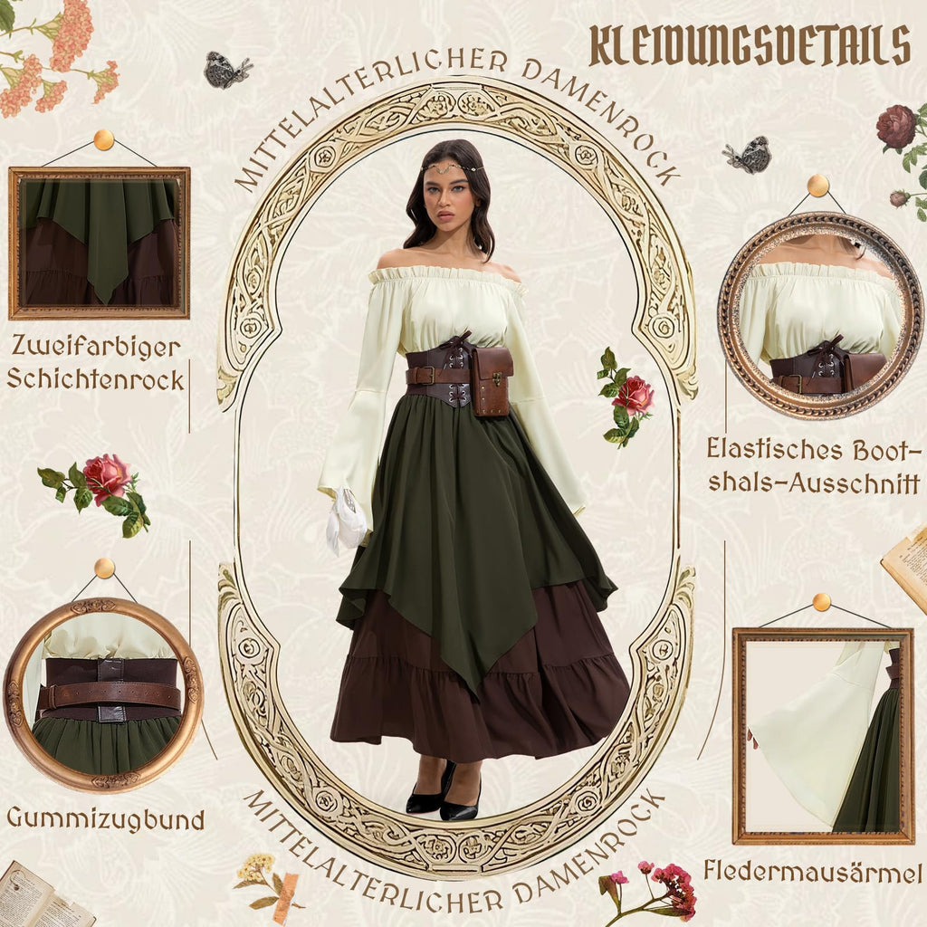 Mittelalter Kleidung Damen, Renaissance Kleid Damen und Off Shoulder Bluse mit Corsett, Gürteltasche, Kopfschmuck, Gürtel, Viktorianisches Kostüm für Halloween Karneval