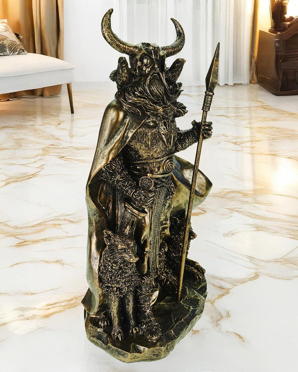Kremers Schatzkiste Odin Figur mit Raben Hugin Munin und Wölfen Geri Freki 36cm Nordische Mythologie Dekofigur - Polyresin Götter Skulptur - Geschenk Wikinger Deko