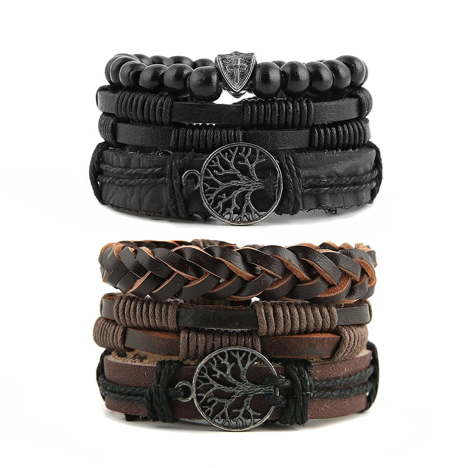 HZMAN Echtes Leder Baum des Lebens Armbänder Männer Frauen, Tigerauge Naturstein Lava Rock Perlen Ethnische Tribal elastische Armbänder Armbänder (2Pcs)
