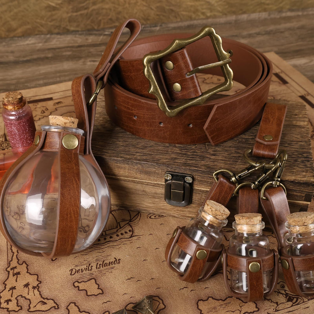 HiiFeuer 3-teiliges Set Mittelalterliche Alchemie Gürtel-Elixierflaschen,Fantasie Verstellbare Glasfläschchen, Hexen & Zauberer Kostüm für Ren Faire