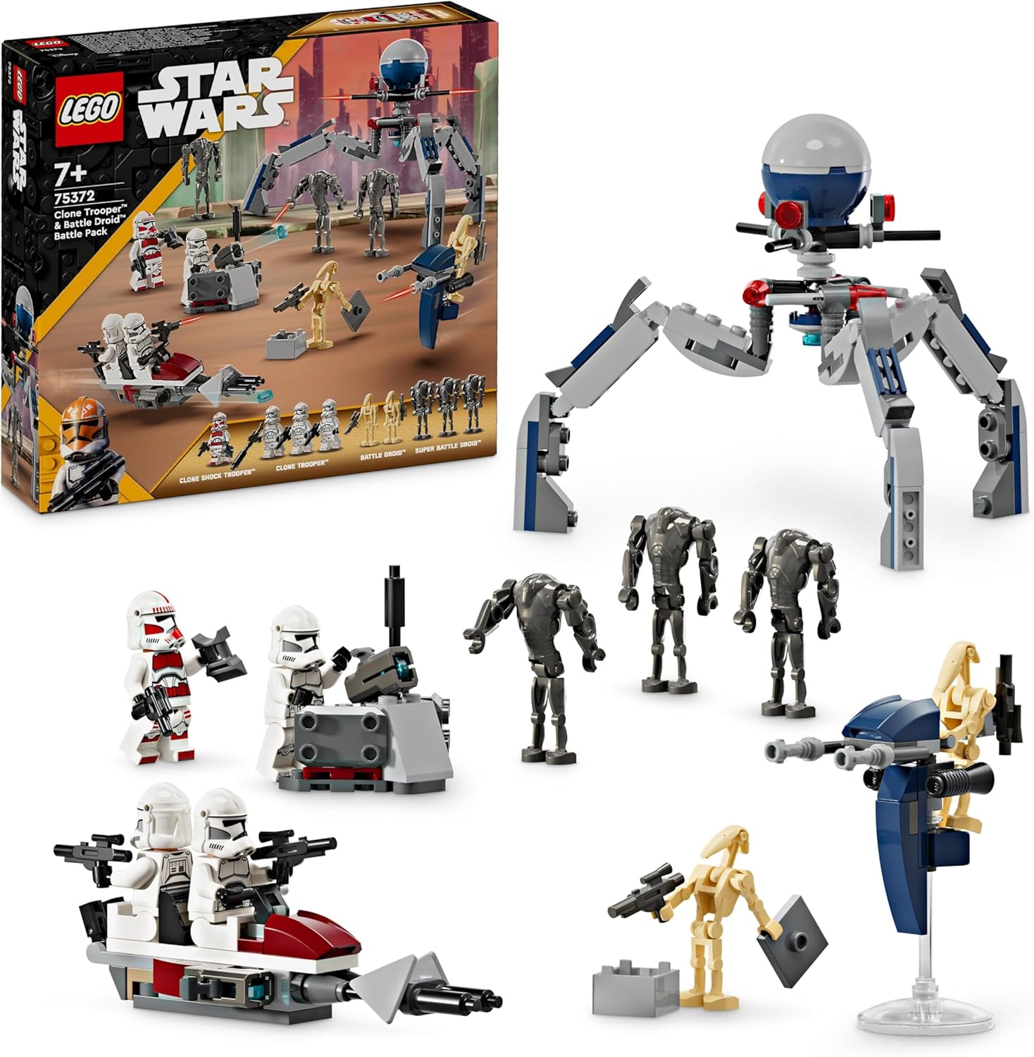 LEGO Star Wars 75372 Clone Trooper & Battle Droid Battle Pack, inkl. 4 Minifiguren, 5 Droiden und Speeder Bike mit Shooter - Bauspielzeug für Jungen und Mädchen ab 7 Jahren