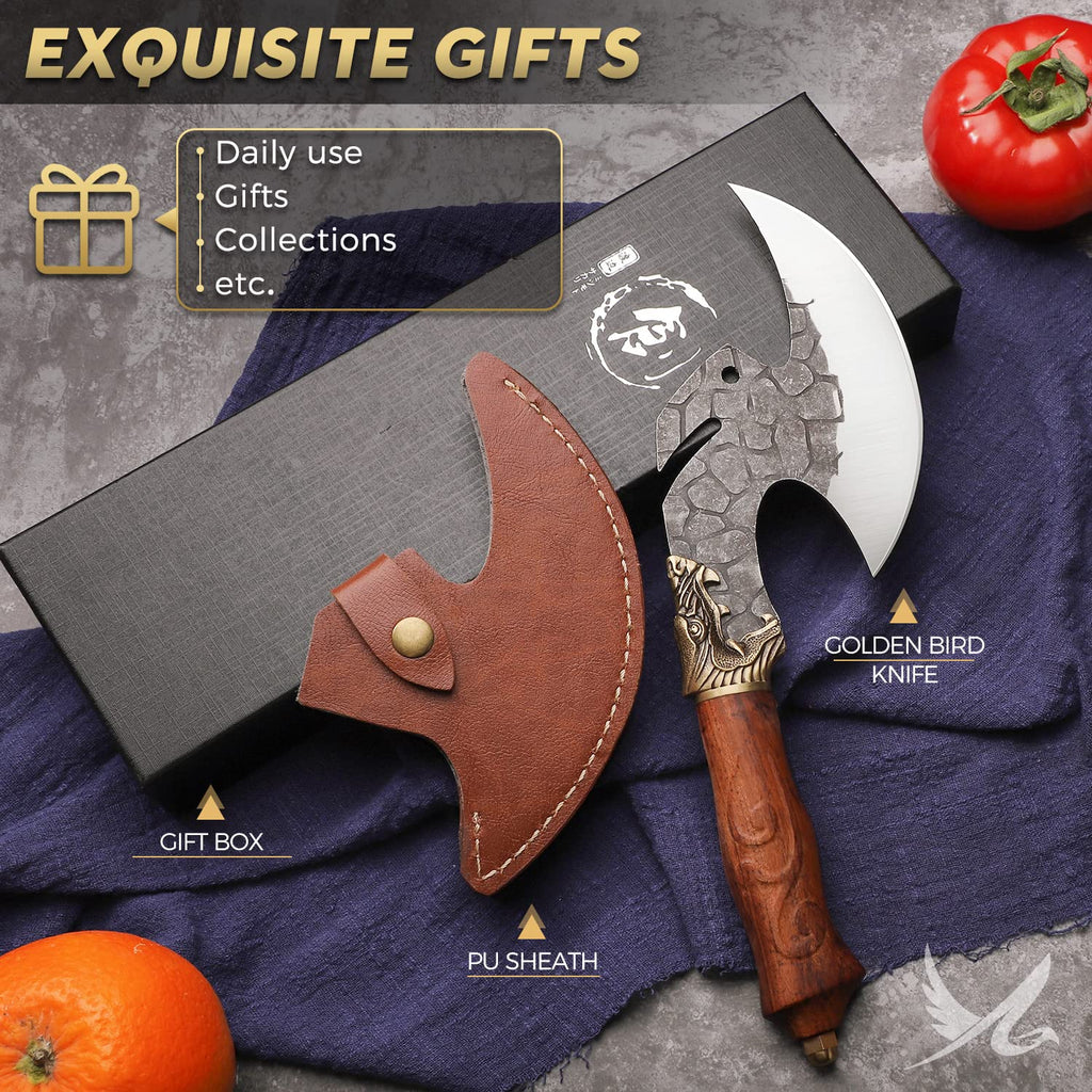 Golden Bird Original Wikinger Messer Axt Scharfes Geburtstag Tranchiermesser Pizzaschneider Ausbeinmesser Handgeschmiedetes Kochmesser Fleischmesser Grillmesser mit PU-Scheide für Camping BBQ Outdoor