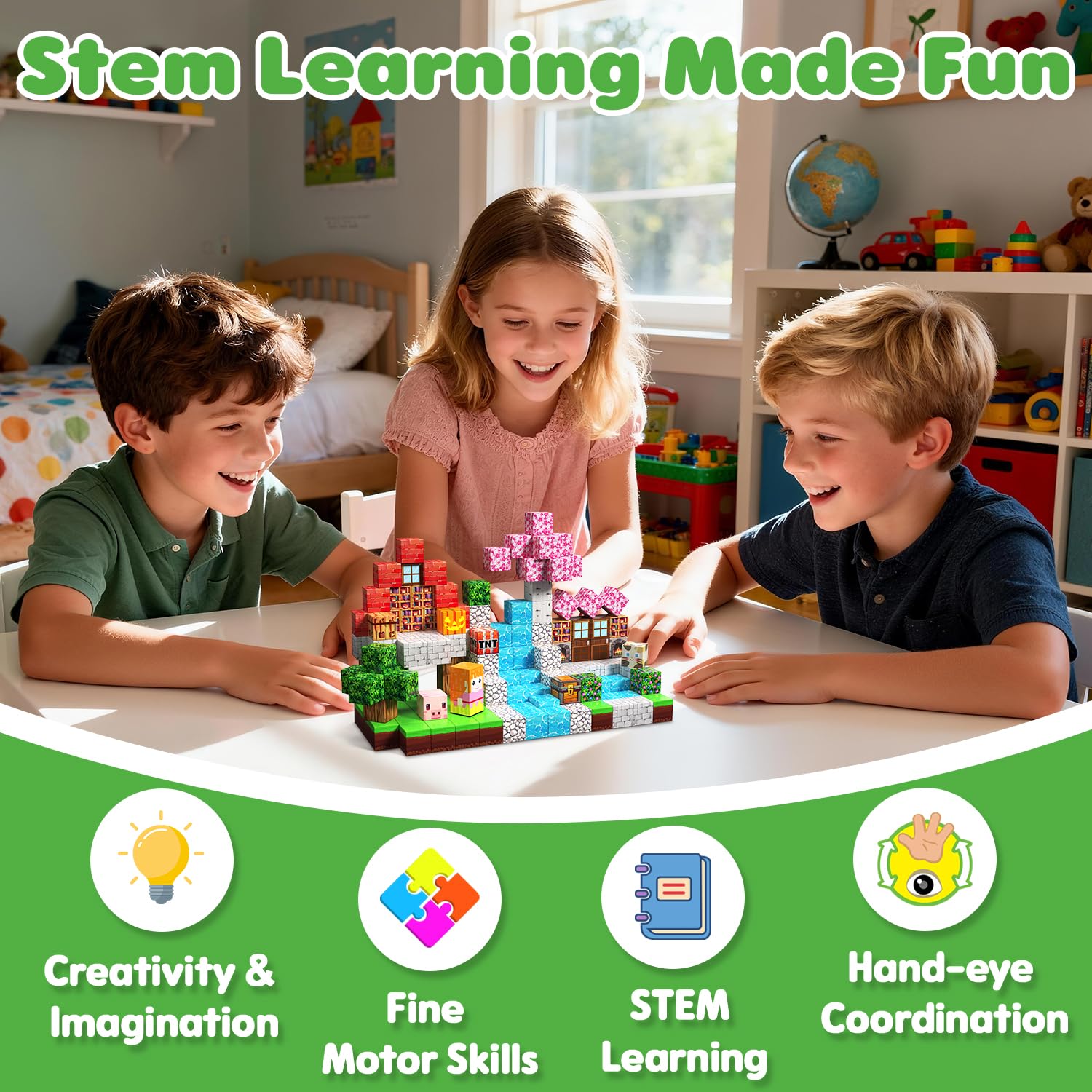 Magnetische Bausteine Bauspielzeug 100 Pcs Magnetbausteine für Kinder Montessori Kreative Spielzeug ab 3 4 5 6 7 8 9 10 Jahre Junge und Mädchen Magnetic Blocks Geschenke für Kinder （Wald）