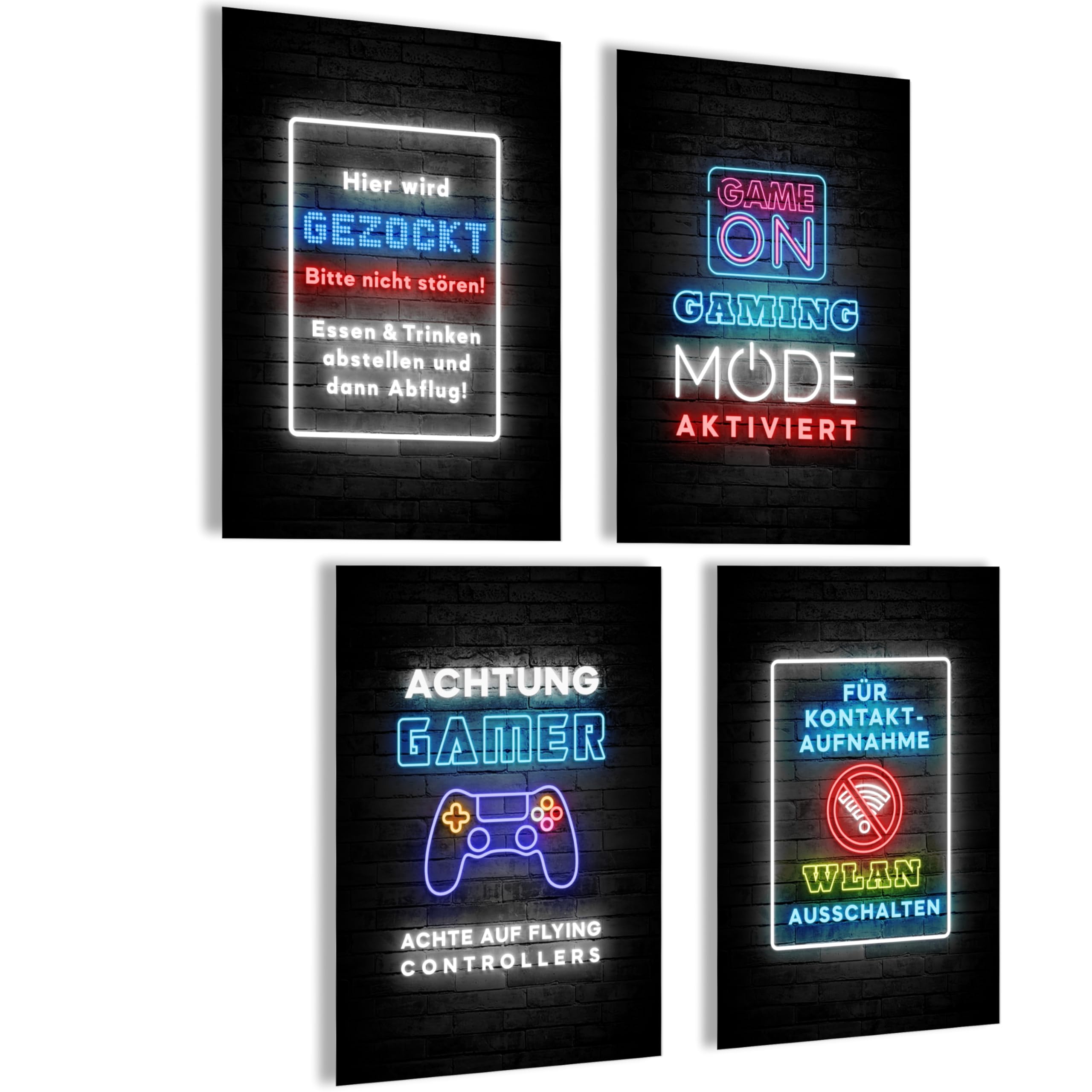 mojoliving Gaming Zimmer Deko Bilder | Poster Wand für Gamer Jugendzimmer | Set mit Neon Sign Motive | Coole Geschenke für Gamer | Zocker Bilder Wand | Neon Wandbild