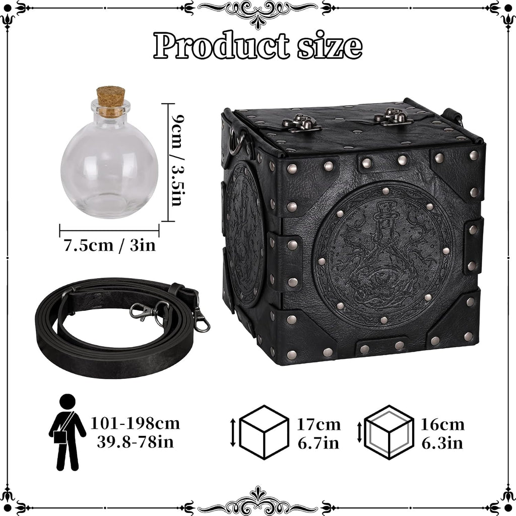 HiiFeuer Mittelalterliche Alchemisten-Umhängetasche, geprägte Leder-Zaubertrankbox mit Nieten und Flaschen, Aufbewahrungsbox für Zauberer für Mittelalterfeste（Schwarz A）
