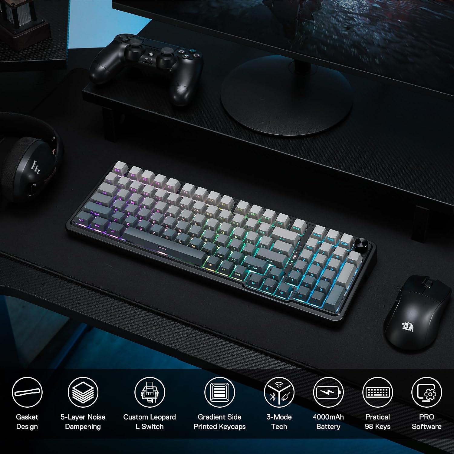 Redragon K686 PRO SE Anime Gasket Gaming Tastatur RGB 3 Modus 98 Tasten | Hot Swap Sockel Drehknopfsteuerung Geräuschdämpfende Pads Custom Hi Fi Linear