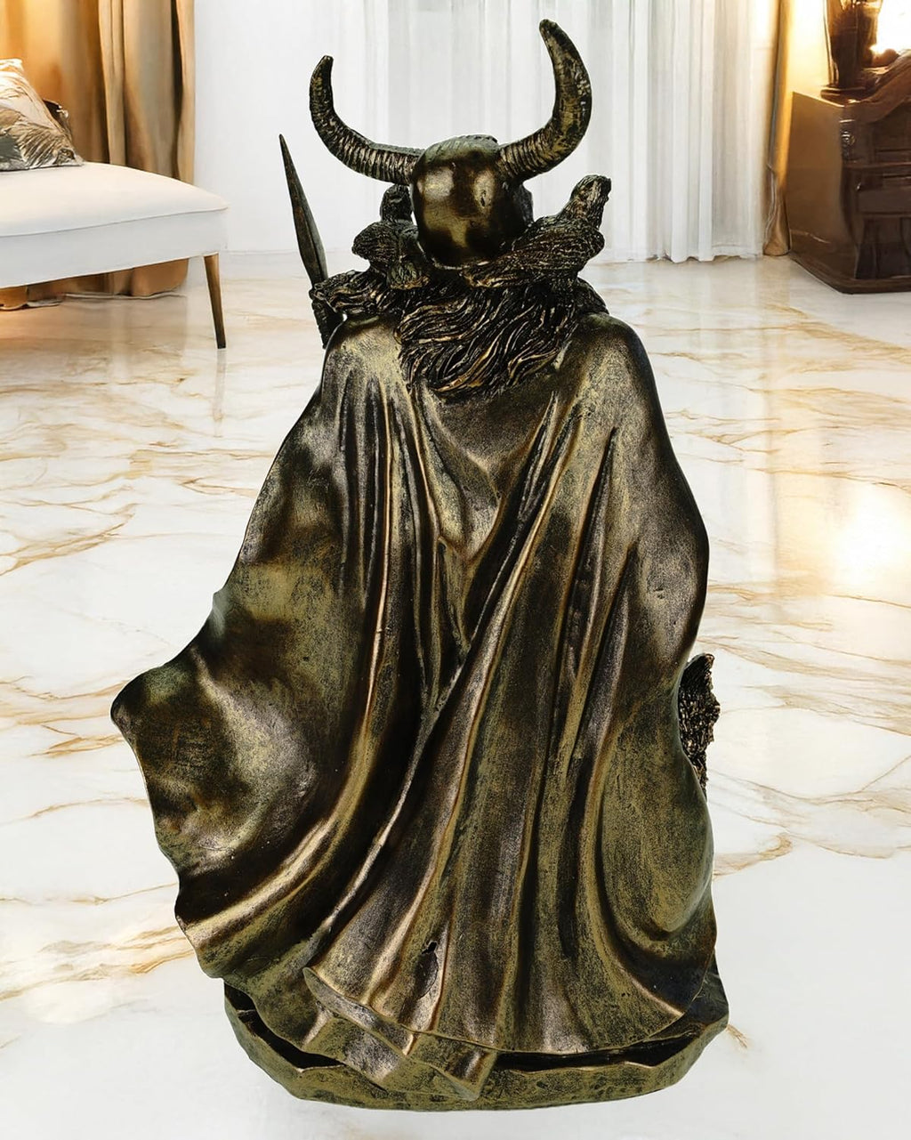 Kremers Schatzkiste Odin Figur mit Raben Hugin Munin und Wölfen Geri Freki 36cm Nordische Mythologie Dekofigur - Polyresin Götter Skulptur - Geschenk Wikinger Deko
