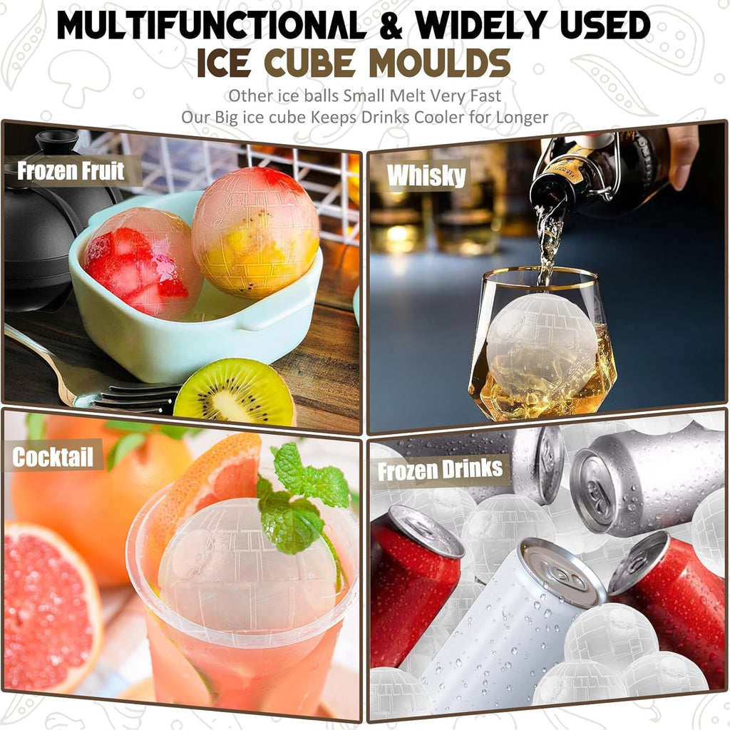 Eiswürfelform Kugel Silikon Set, 4 XXL Groß Eiskugelform mit Deckel & Trichter, Star Wars Wiederverwendbar Eiswürfelformen Rund, BPA Frei Eiswürfel Form Eiswürfelbehälter für Bier Cocktail Whisky Wein