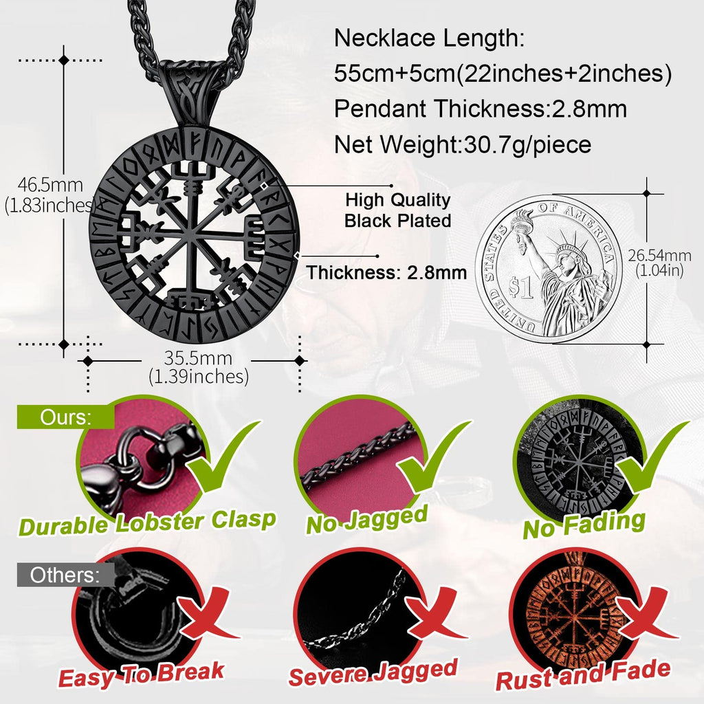 FaithHeart Wikingerhalskette für Herren, Vegvisir-Kompass, Edelstahl, Kette 55 + 5 cm, nordischer Mythologie-Schmuck