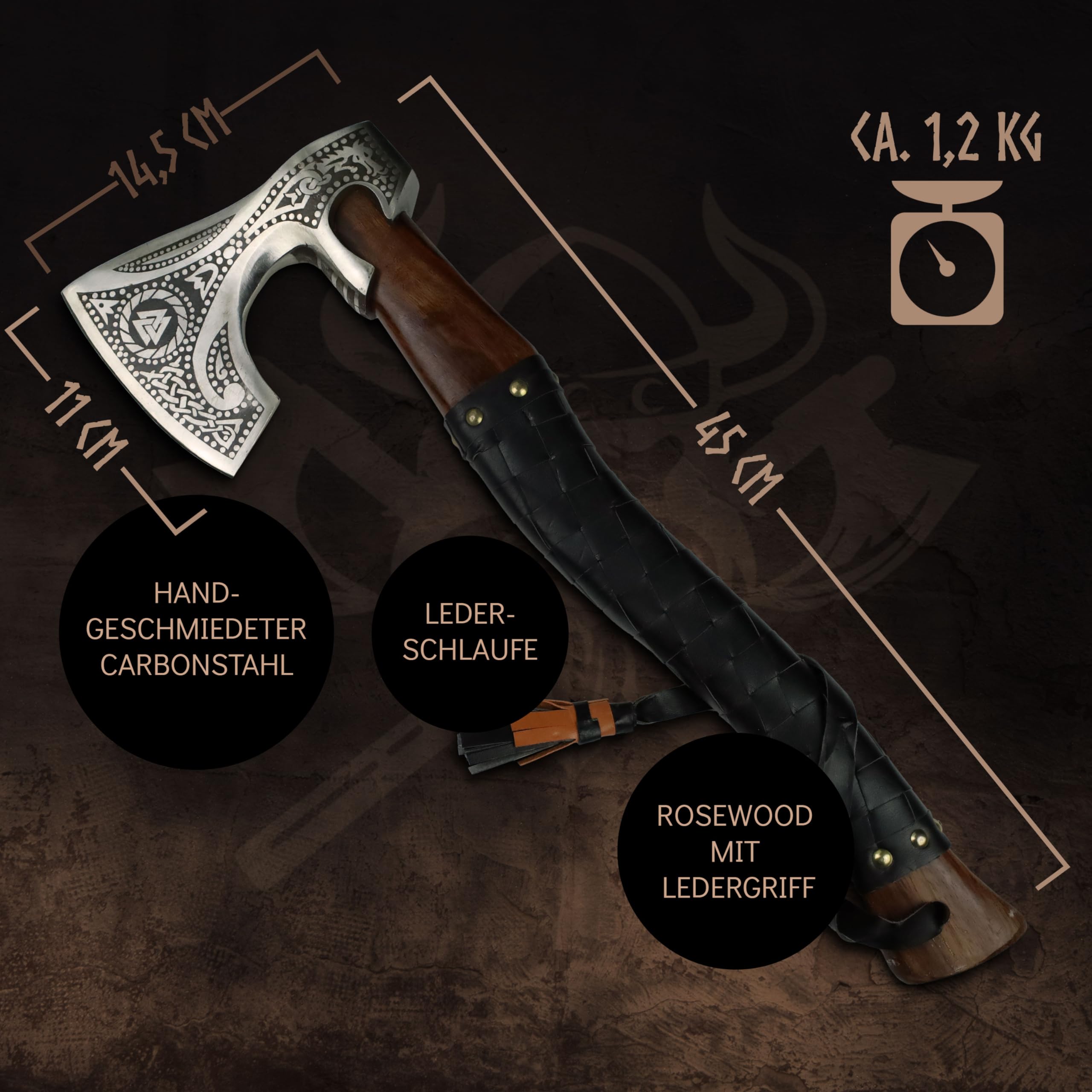 VIKING CRAFT® Wikinger Axt 50cm - Handgefertigte Deko Mit Gravur und Lederschutz - Ideale Mittelalter Deko, Geschenke für Männer und Frauen, Vikings Fanartikel, LARP Beil