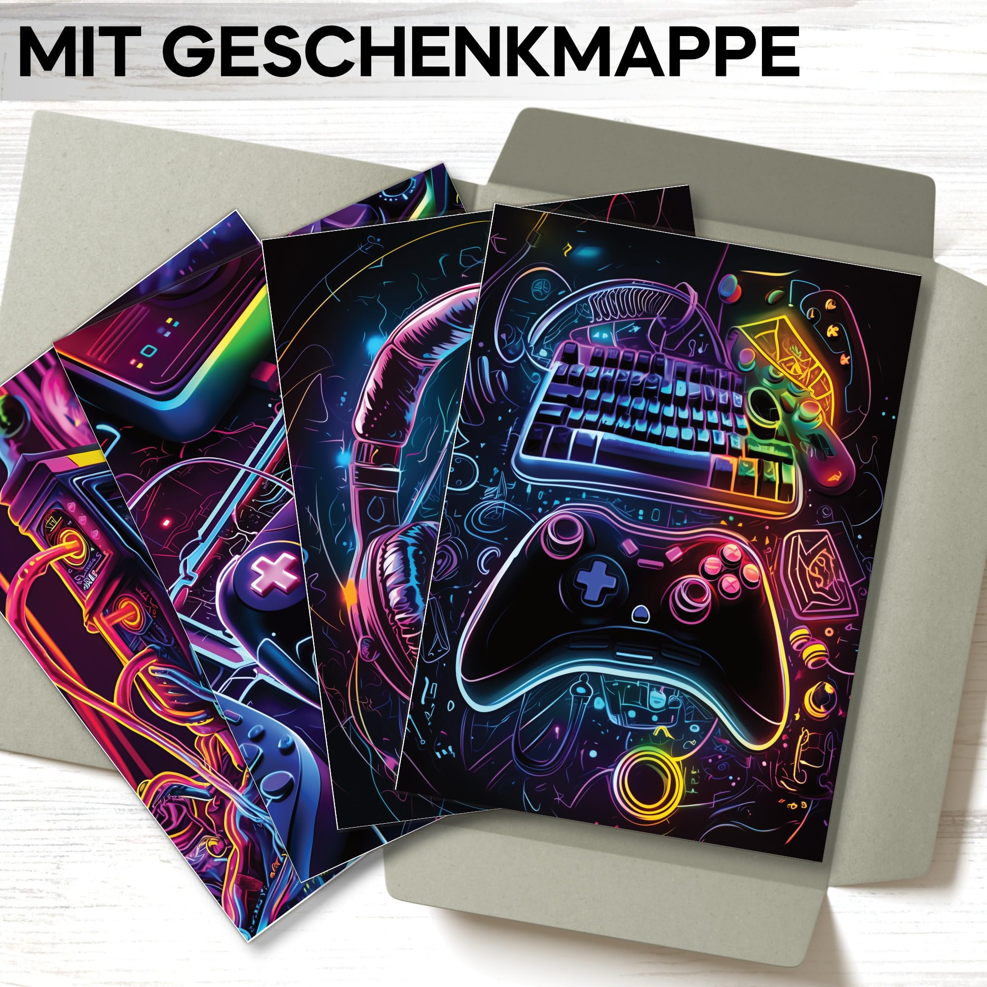 mojoliving Gaming Zimmer Deko Bilder | Poster Wand für Gamer Jugendzimmer | Set mit Neon Sign Motive | Coole Geschenke für Gamer | Zocker Bilder Wand | Neon Wandbild