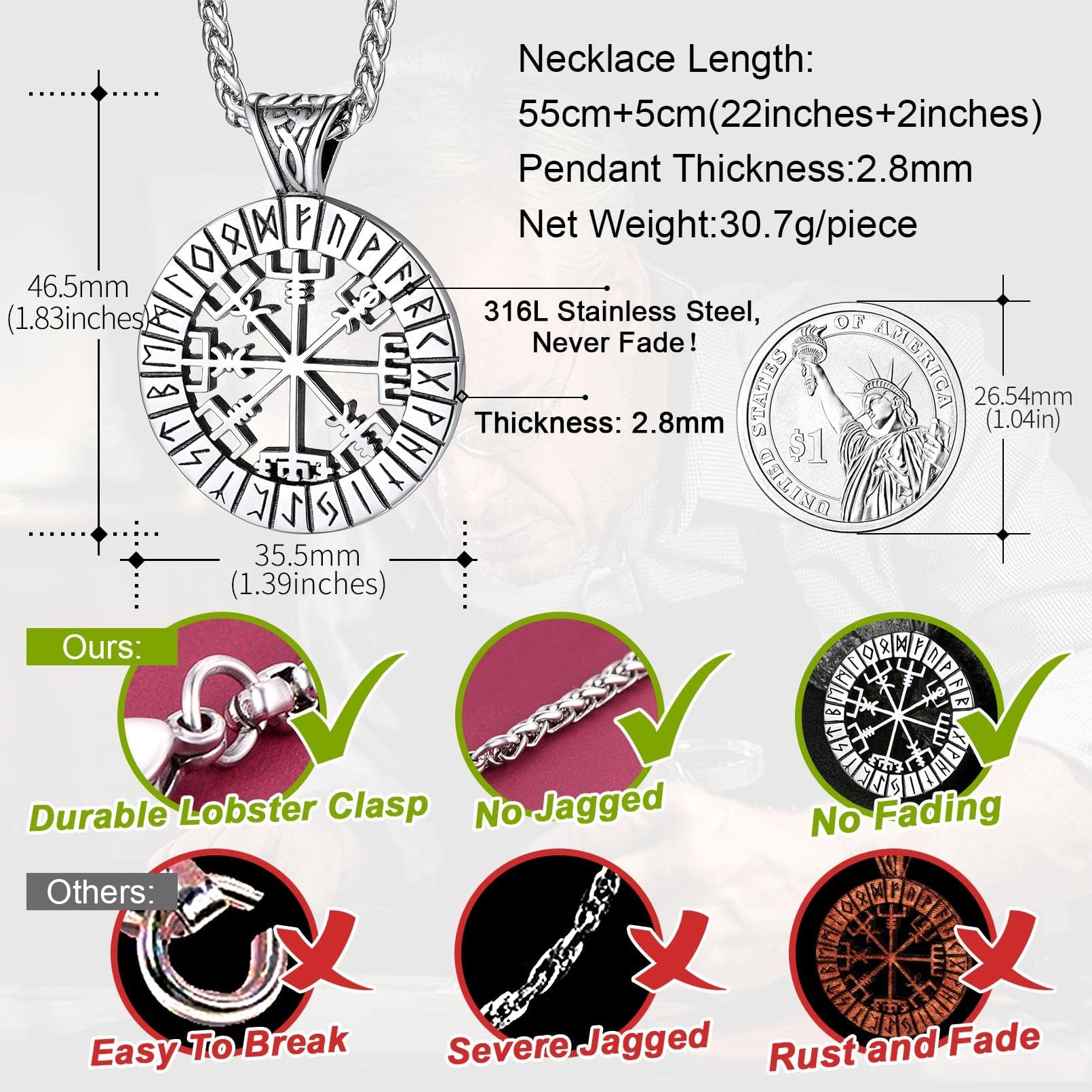 FaithHeart Wikingerhalskette für Herren, Vegvisir-Kompass, Edelstahl, Kette 55 + 5 cm, nordischer Mythologie-Schmuck