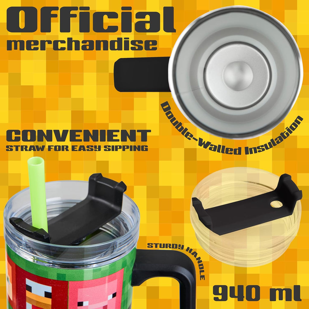 Minecraft Trinkbecher mit Deckel und Strohhalm 940ml, Thermobecher mit Henkel Doppelwandig Isoliert, Hält 17h Kalt, 8h Heiß & 45h Eisgekühlt