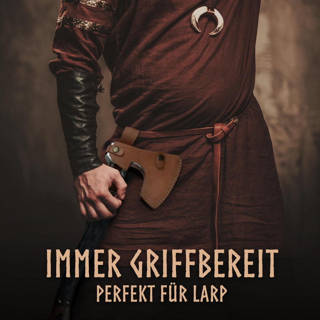 VIKING CRAFT® Wikinger Axt 50cm - Handgefertigte Deko Mit Gravur und Lederschutz - Ideale Mittelalter Deko, Geschenke für Männer und Frauen, Vikings Fanartikel, LARP Beil