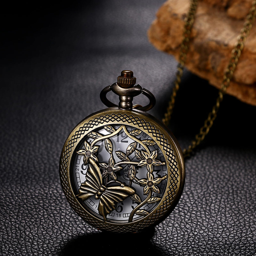 JewelryWe Taschenuhr Herren Damen Vintage: Retro Analog Quarz Kettenuhr Uhr Umhängeuhr mit Halskette Kette Pocket Watch Bronze Unisex Geschenk