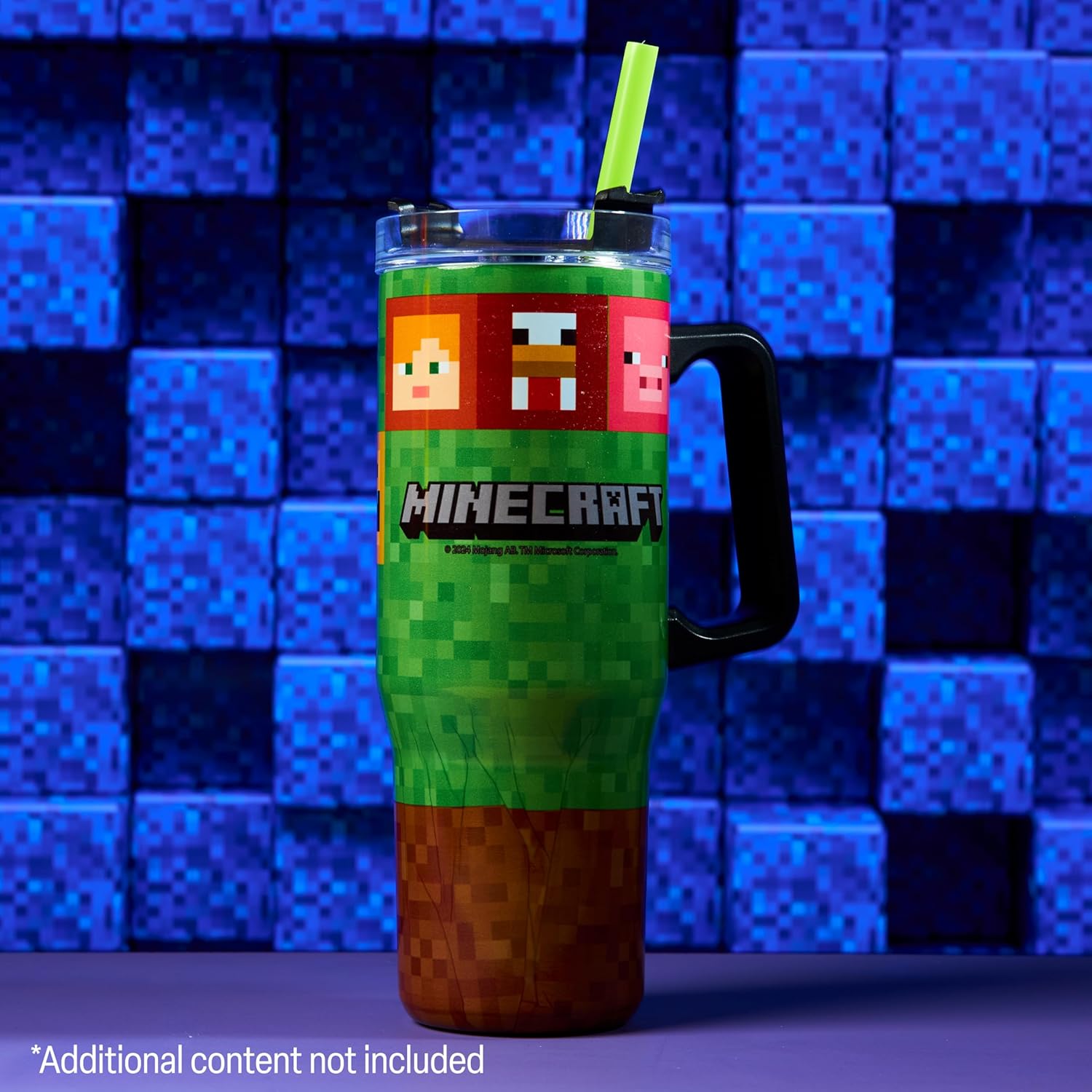 Minecraft Trinkbecher mit Deckel und Strohhalm 940ml, Thermobecher mit Henkel Doppelwandig Isoliert, Hält 17h Kalt, 8h Heiß & 45h Eisgekühlt