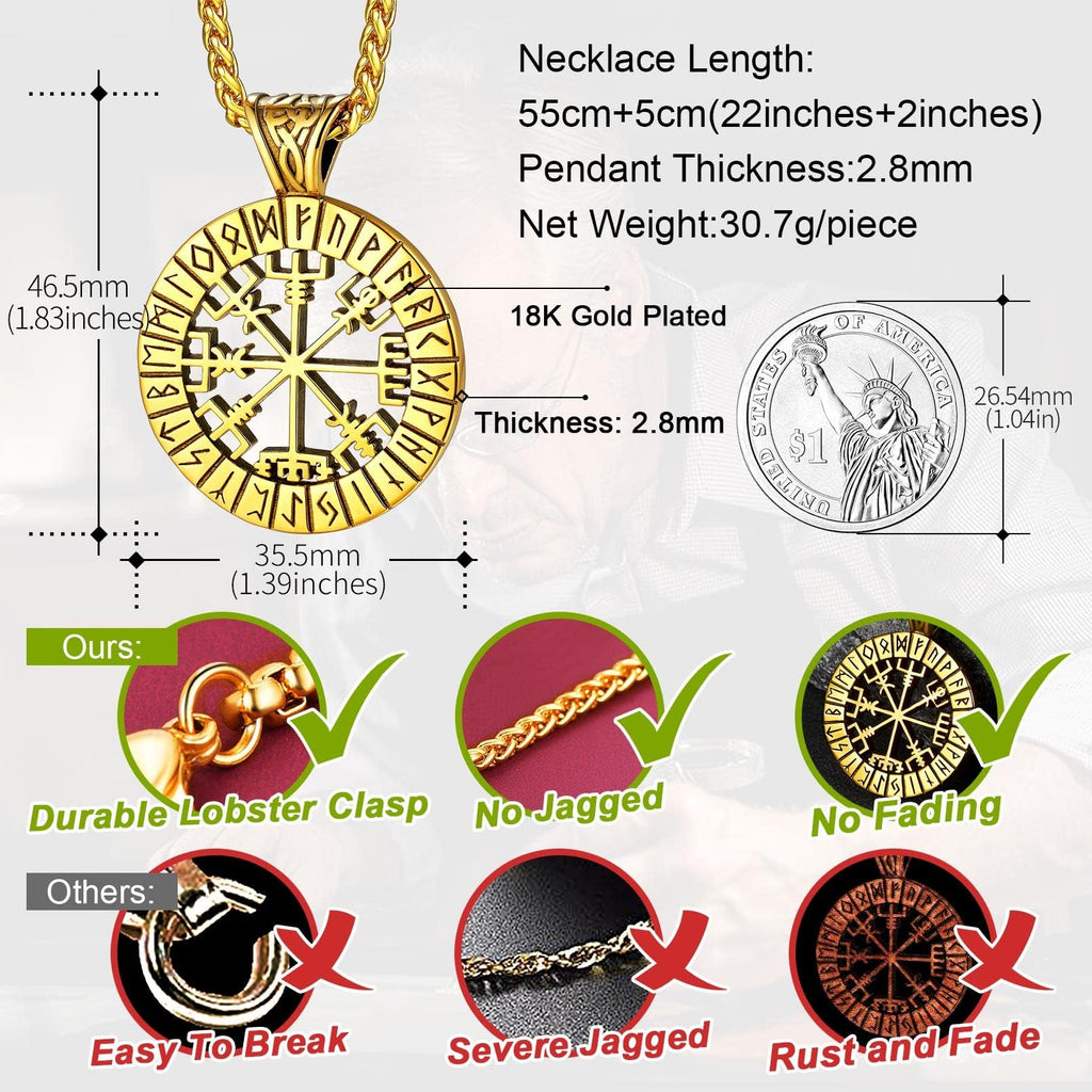 FaithHeart Wikingerhalskette für Herren, Vegvisir-Kompass, Edelstahl, Kette 55 + 5 cm, nordischer Mythologie-Schmuck