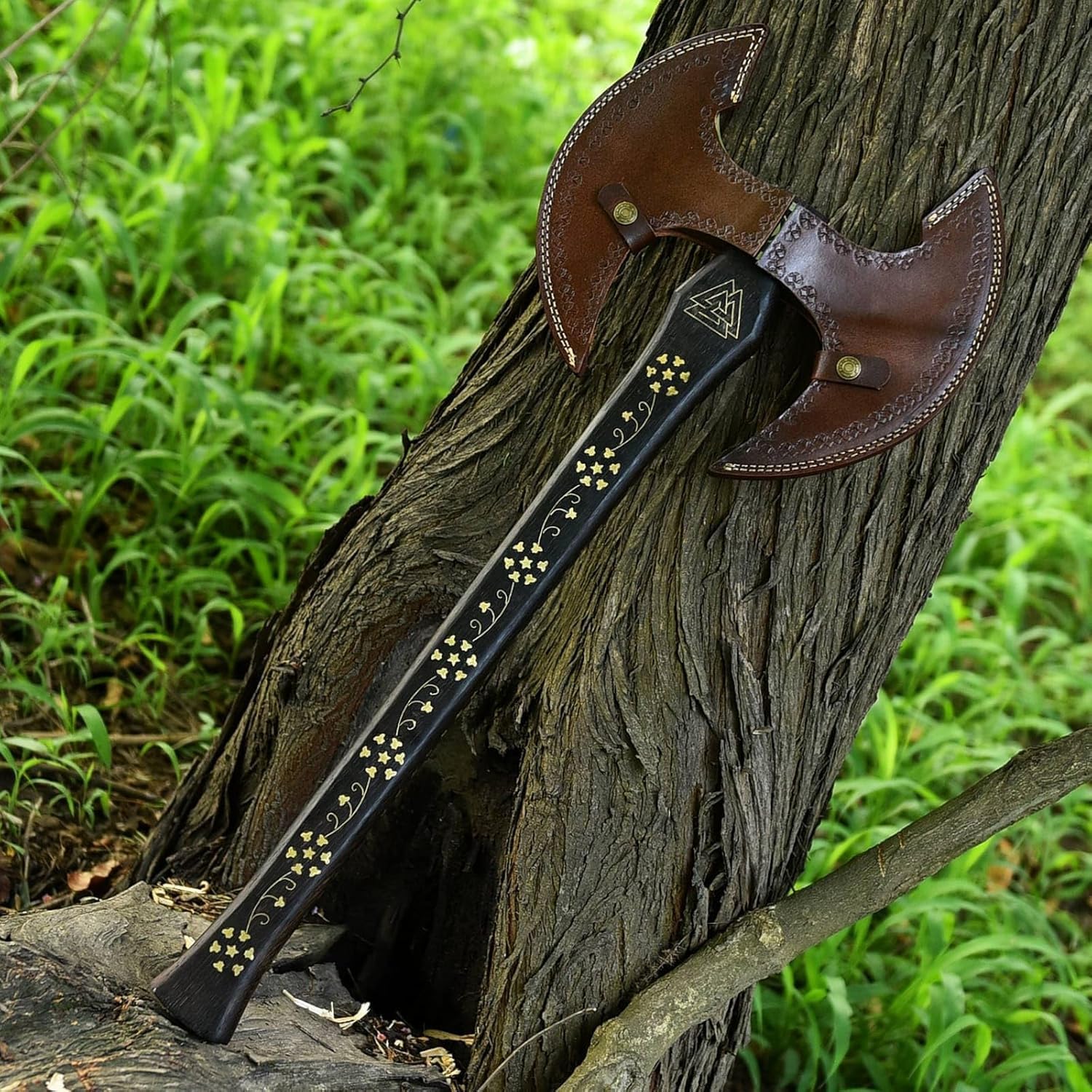 Handgeschmiedet Wikinger Doppelaxt mit Lederscheide. Large Norse Axe, Geschenkidee für Männer – Handgeschmiedete Doppelkopf-Wikinger-Axt aus Kohlenstoffstahl für Outdoor, Camping, Jagd, Deko