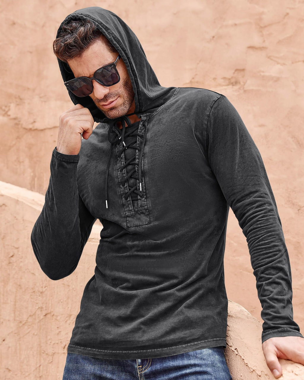 Beotyshow Herren Vintage Hoodie Langarm Shirt Männer Lace Up Hooded Langarmhemd Distressed Casual Outdoor Taktisch Pullover Hemd mit Kapuze