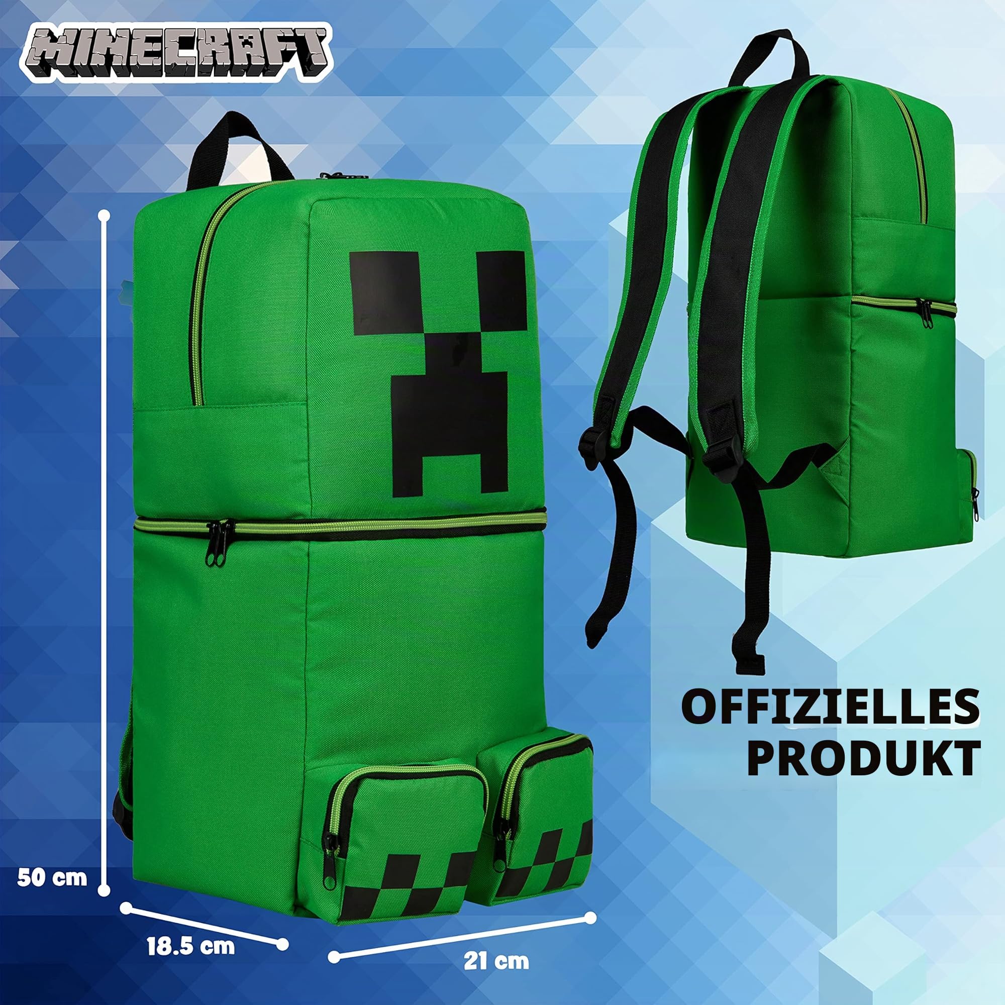 Minecraft Rucksack Kinder Jungen Kinderrucksack Creeper Freizeitrucksack mit Reißverschluss-Fächern für Schulrucksack Schule Sport Alltag