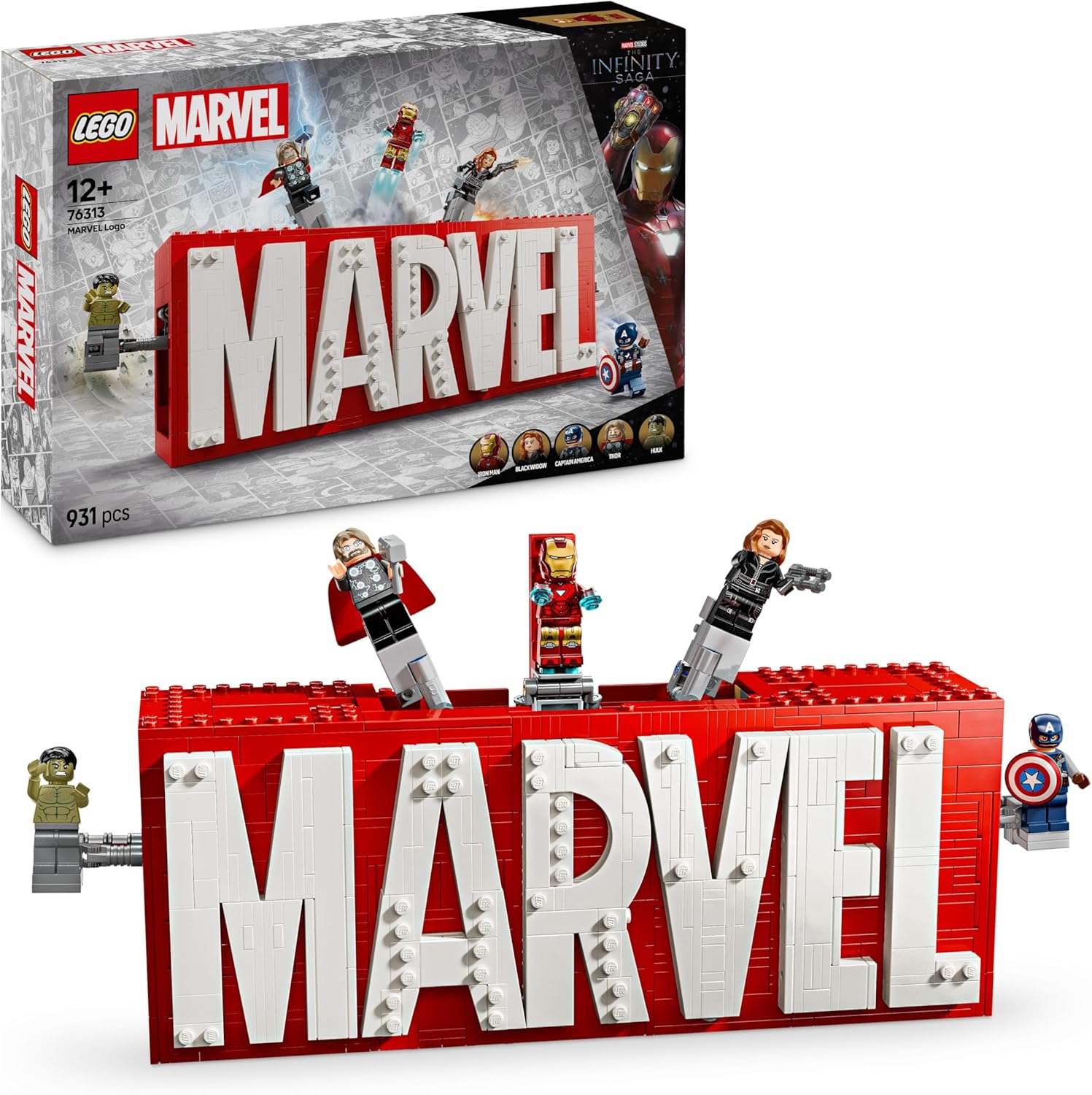 LEGO | Marvel: MARVEL Logo & Minifigures - Collectible including Hulk, Thor, Iron Man, Black Widow and Captain America - Building Set with Avengers Figures - Gift for Boys and Girls aged 12+ - 76313