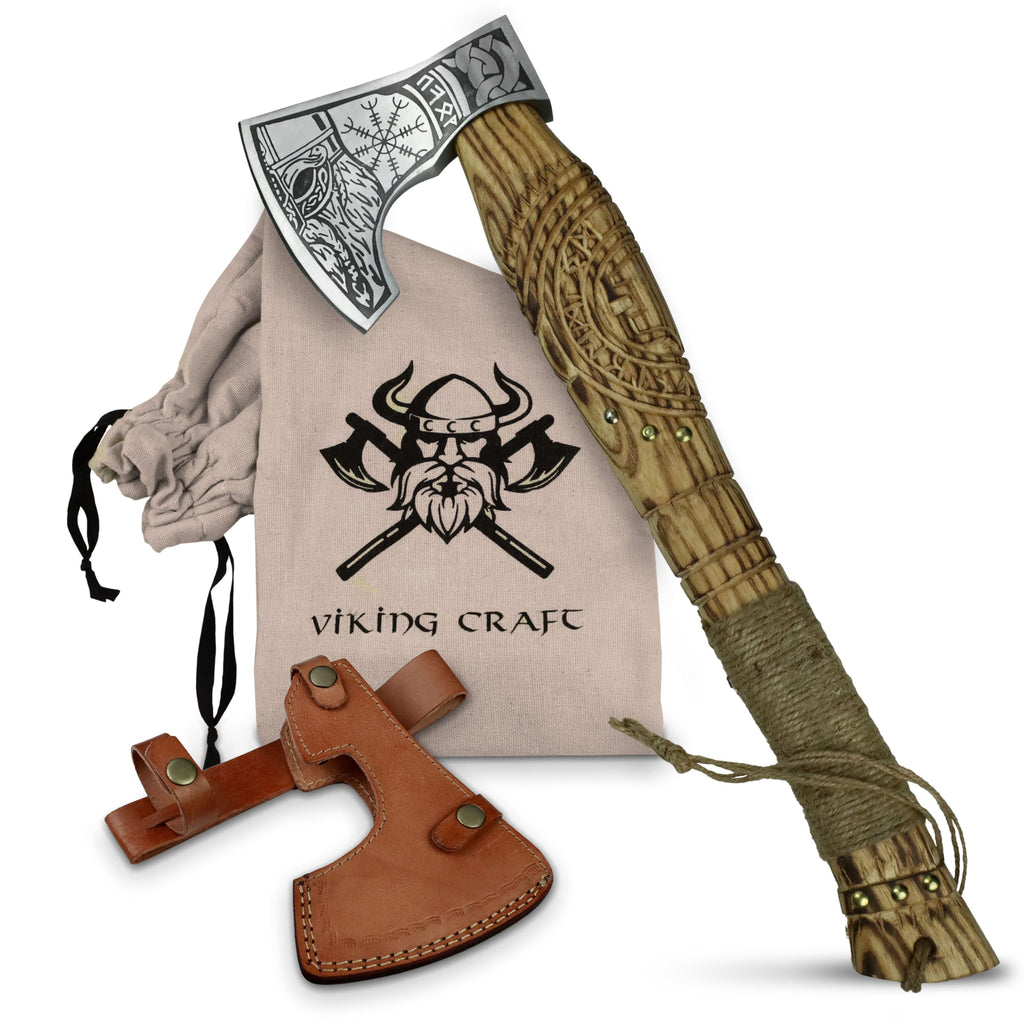 VIKING CRAFT® Wikinger Axt 50cm - Handgefertigte Deko Mit Gravur und Lederschutz - Ideale Mittelalter Deko, Geschenke für Männer und Frauen, Vikings Fanartikel, LARP Beil