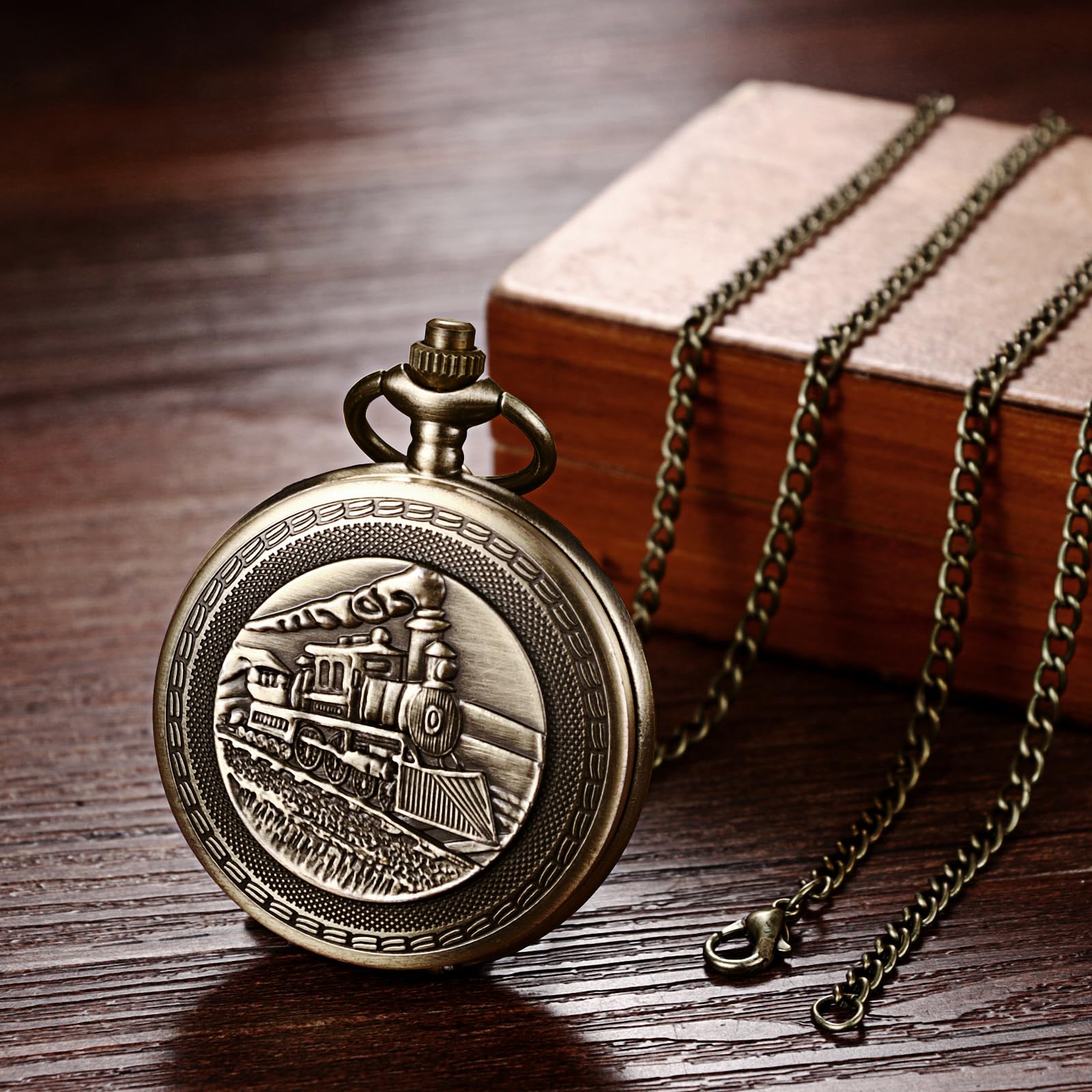 JewelryWe Taschenuhr Herren Damen Vintage: Retro Analog Quarz Kettenuhr Uhr Umhängeuhr mit Halskette Kette Pocket Watch Bronze Unisex Geschenk