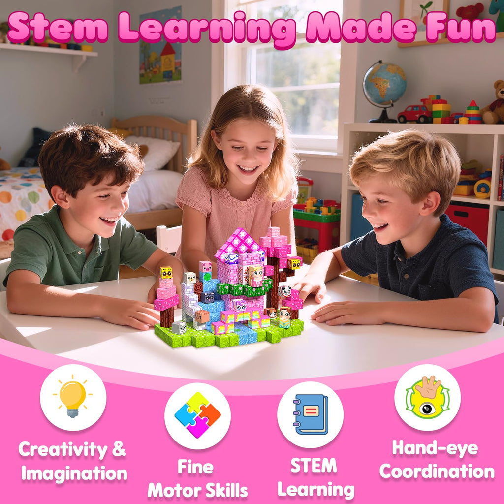 Magnetische Bausteine Bauspielzeug 100 Pcs Magnetbausteine für Kinder Montessori Kreative Spielzeug ab 3 4 5 6 7 8 9 10 Jahre Junge und Mädchen Magnetic Blocks Geschenke für Kinder （Wald）