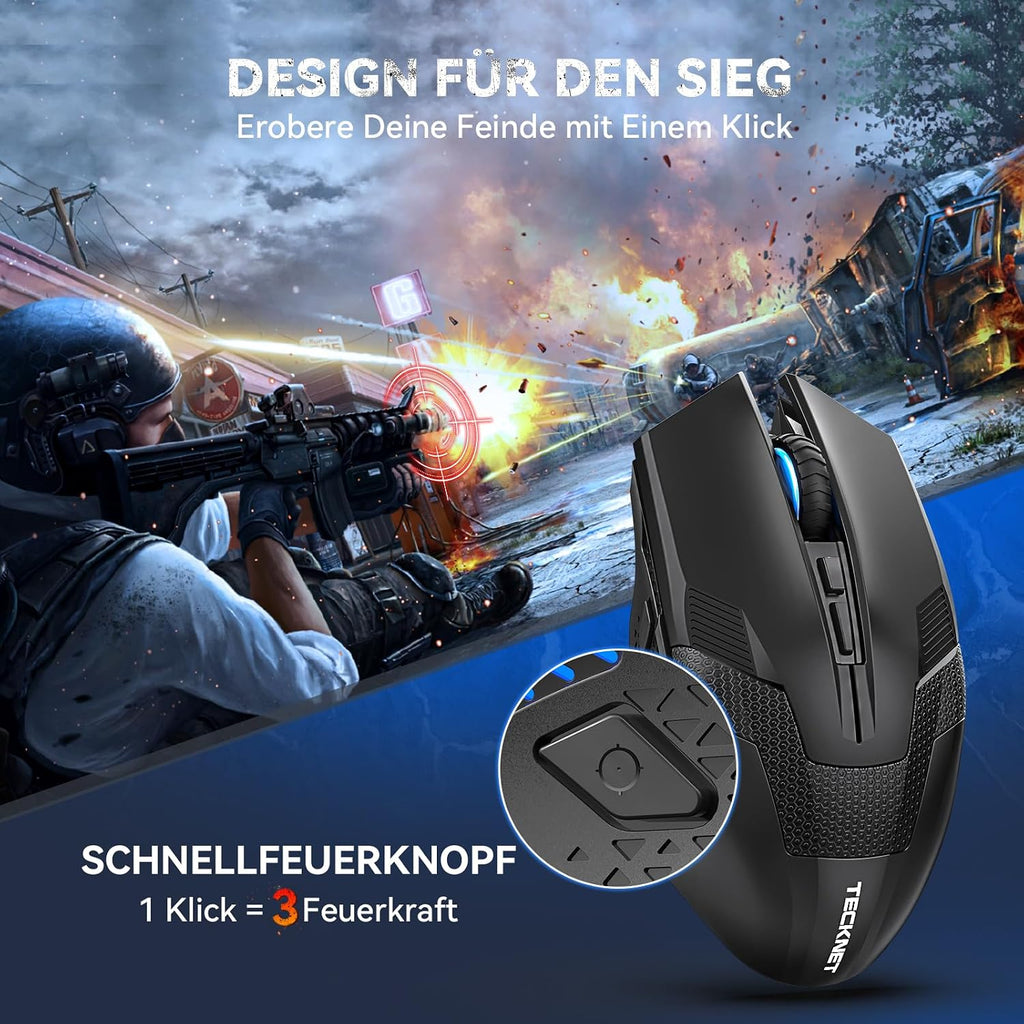 TECKNET Kabellose Gaming Maus, 2,4 GHz Wireless Mouse Gaming mit Schnellfeuertaste, 8 Tasten, 4800 DPI, 20 Millionen Klicks, Ergonomische Optische Maus für PC/Mac/Laptop