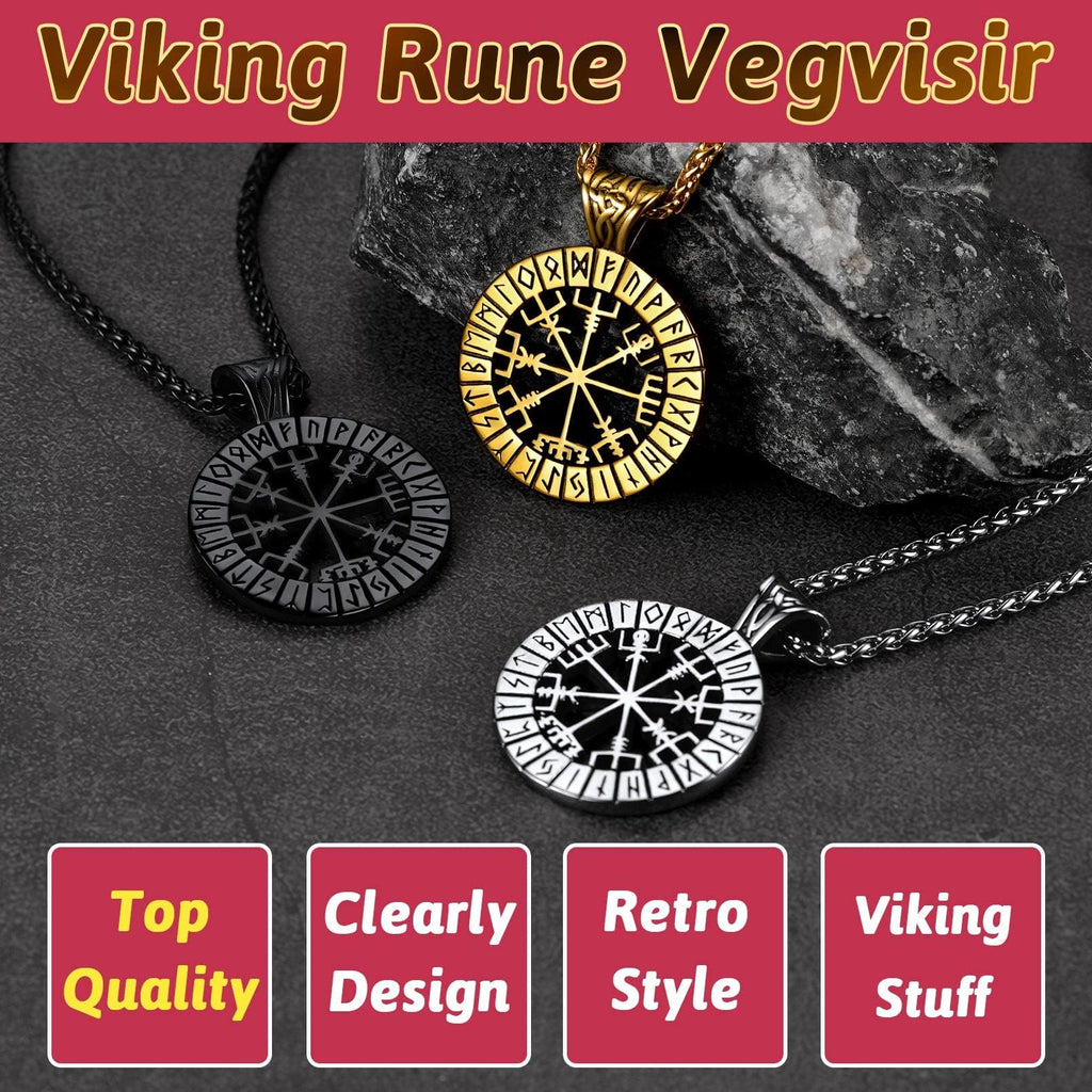 FaithHeart Wikingerhalskette für Herren, Vegvisir-Kompass, Edelstahl, Kette 55 + 5 cm, nordischer Mythologie-Schmuck