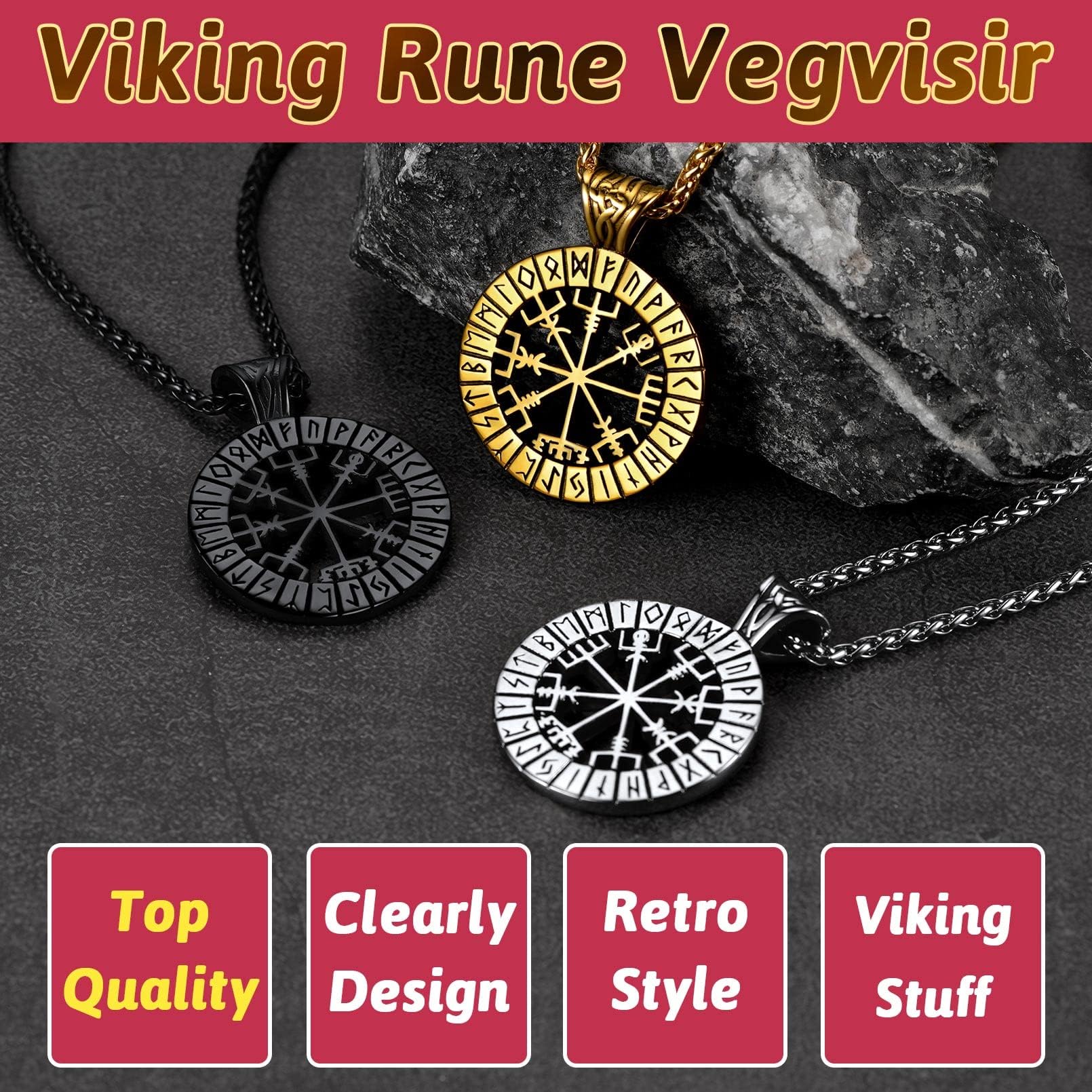 FaithHeart Wikingerhalskette für Herren, Vegvisir-Kompass, Edelstahl, Kette 55 + 5 cm, nordischer Mythologie-Schmuck